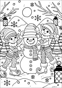 Weihnachtswichtel, die einen Schneemann bauen (Ausmalbild von Weihnachten)