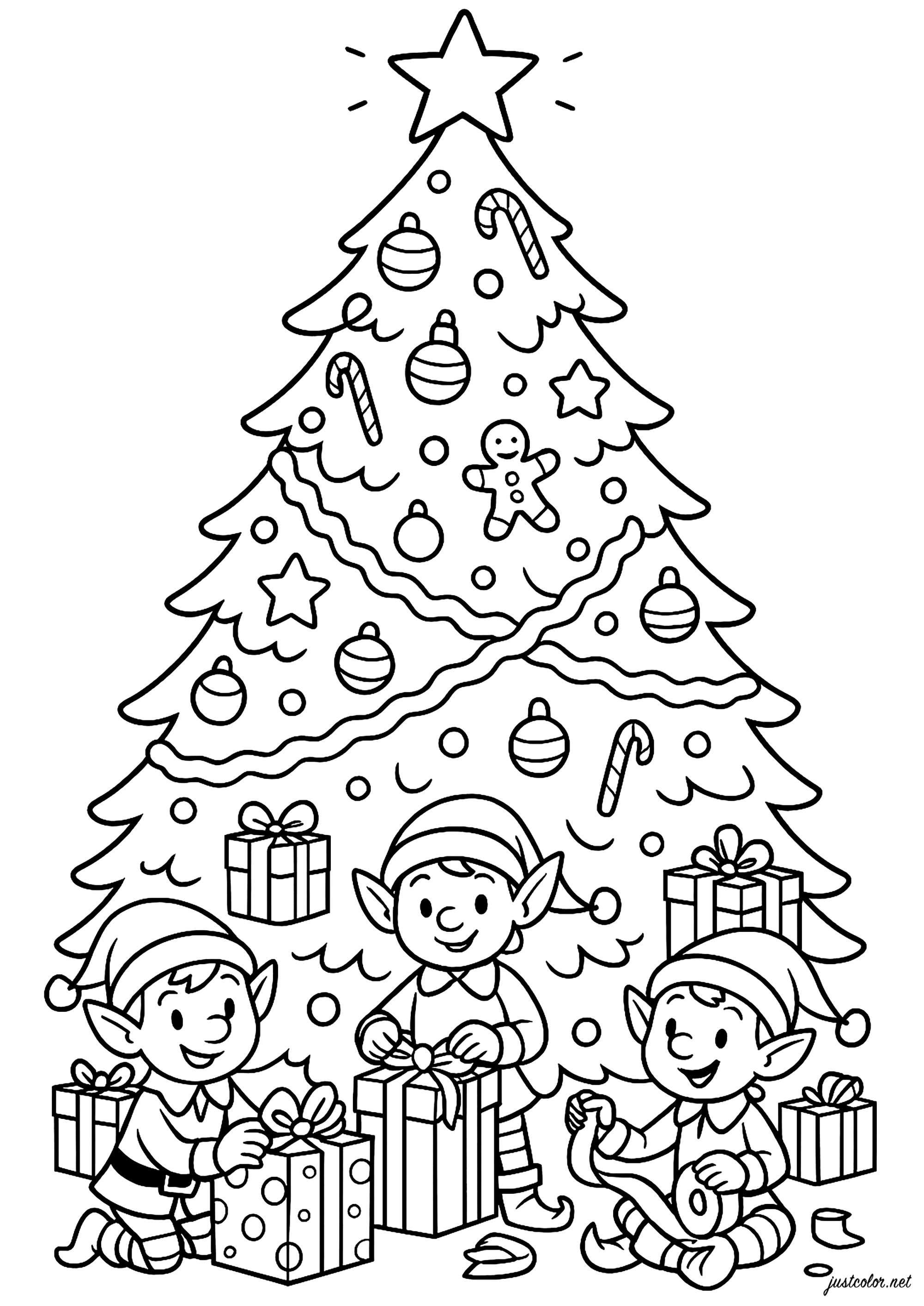 Weihnachtswichtel bereiten Geschenke vor (Ausmalbild von Weihnachtskrippe zum Ausdrucken und Ausmalen für Kinder)