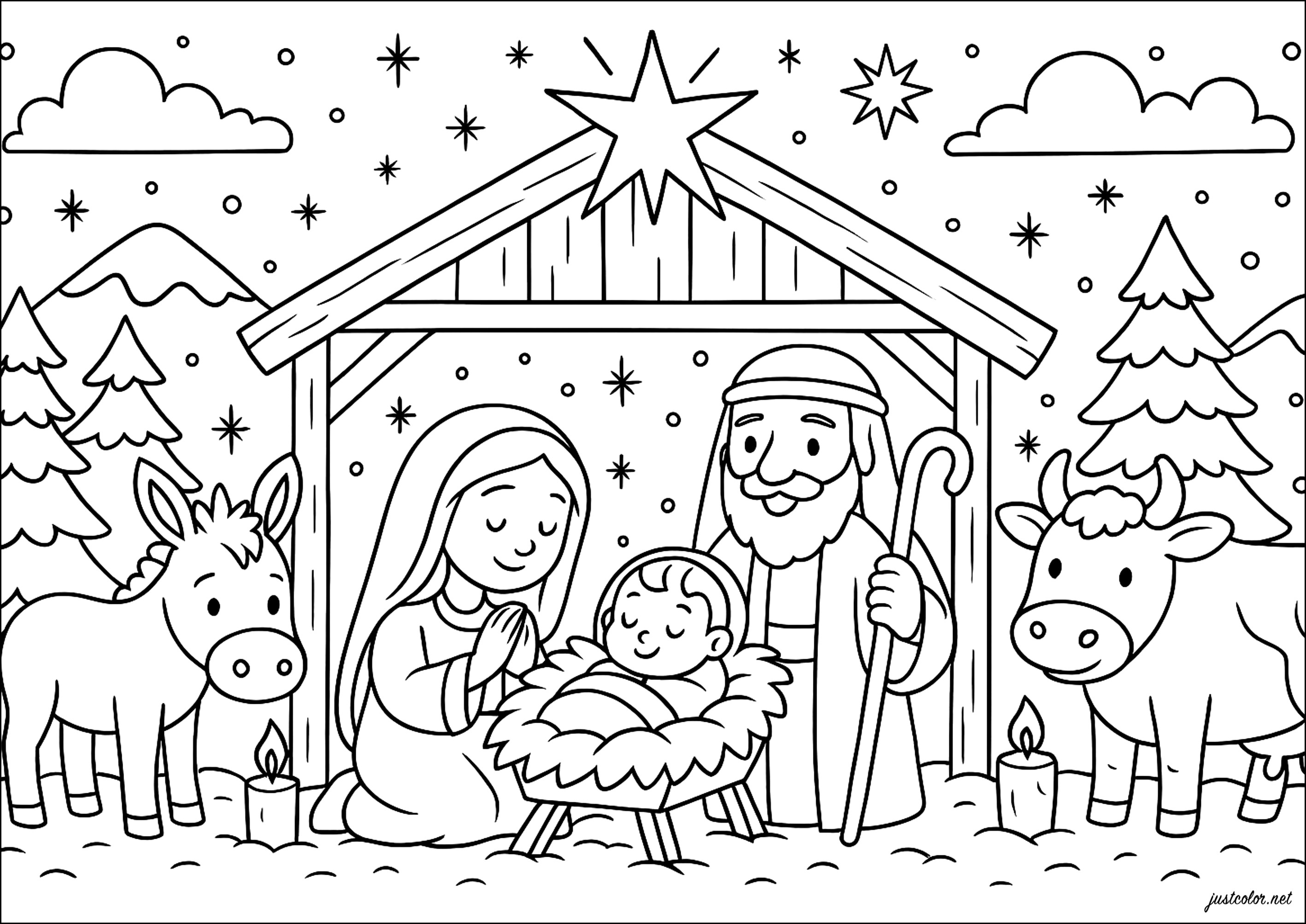 Magische Szene der Geburt (Ausmalbild von Weihnachtskrippe zum Ausdrucken und Ausmalen für Kinder)