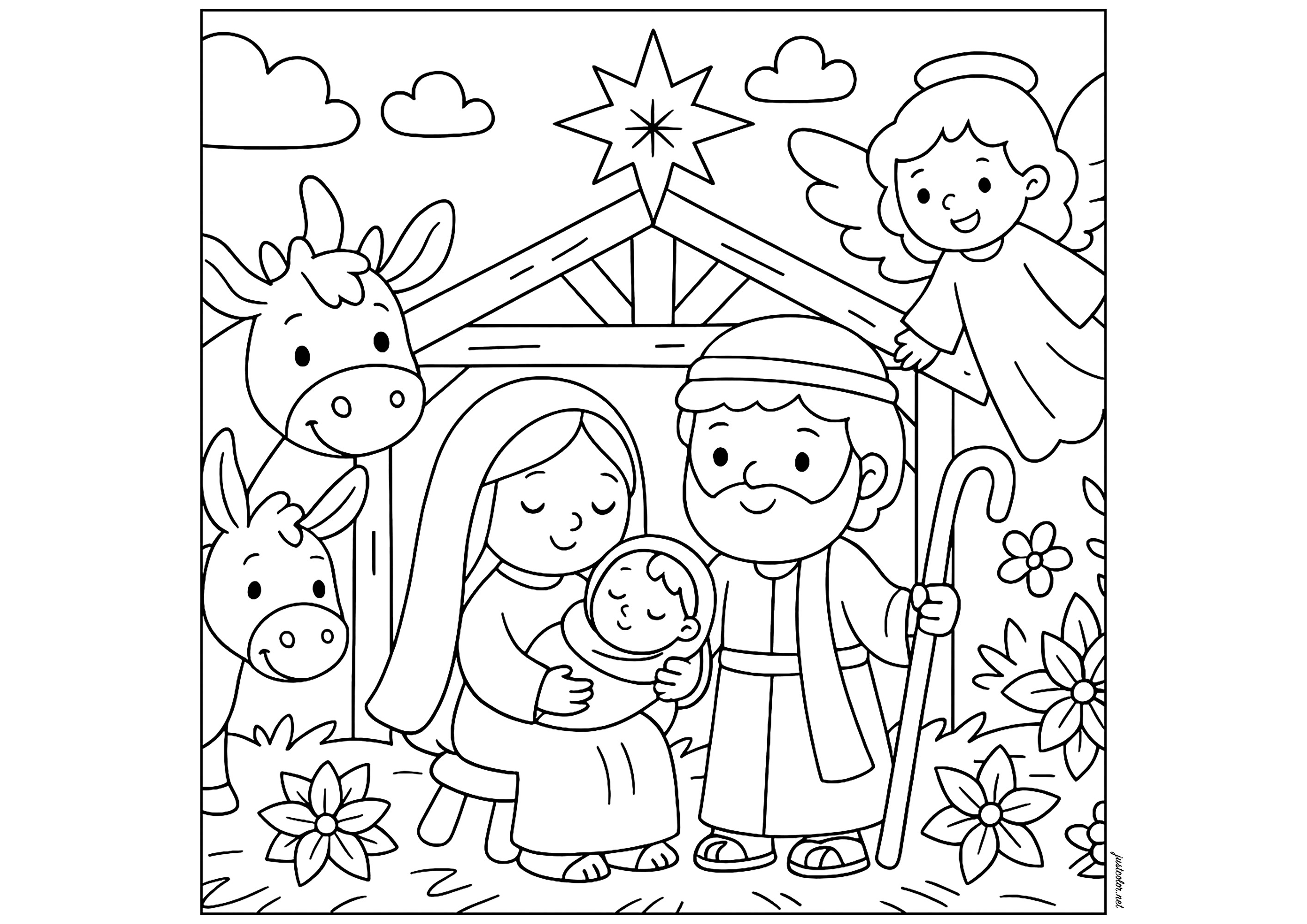 Feier der Geburt Christi (Ausmalbild von Weihnachtskrippe zum Ausdrucken und Ausmalen für Kinder)