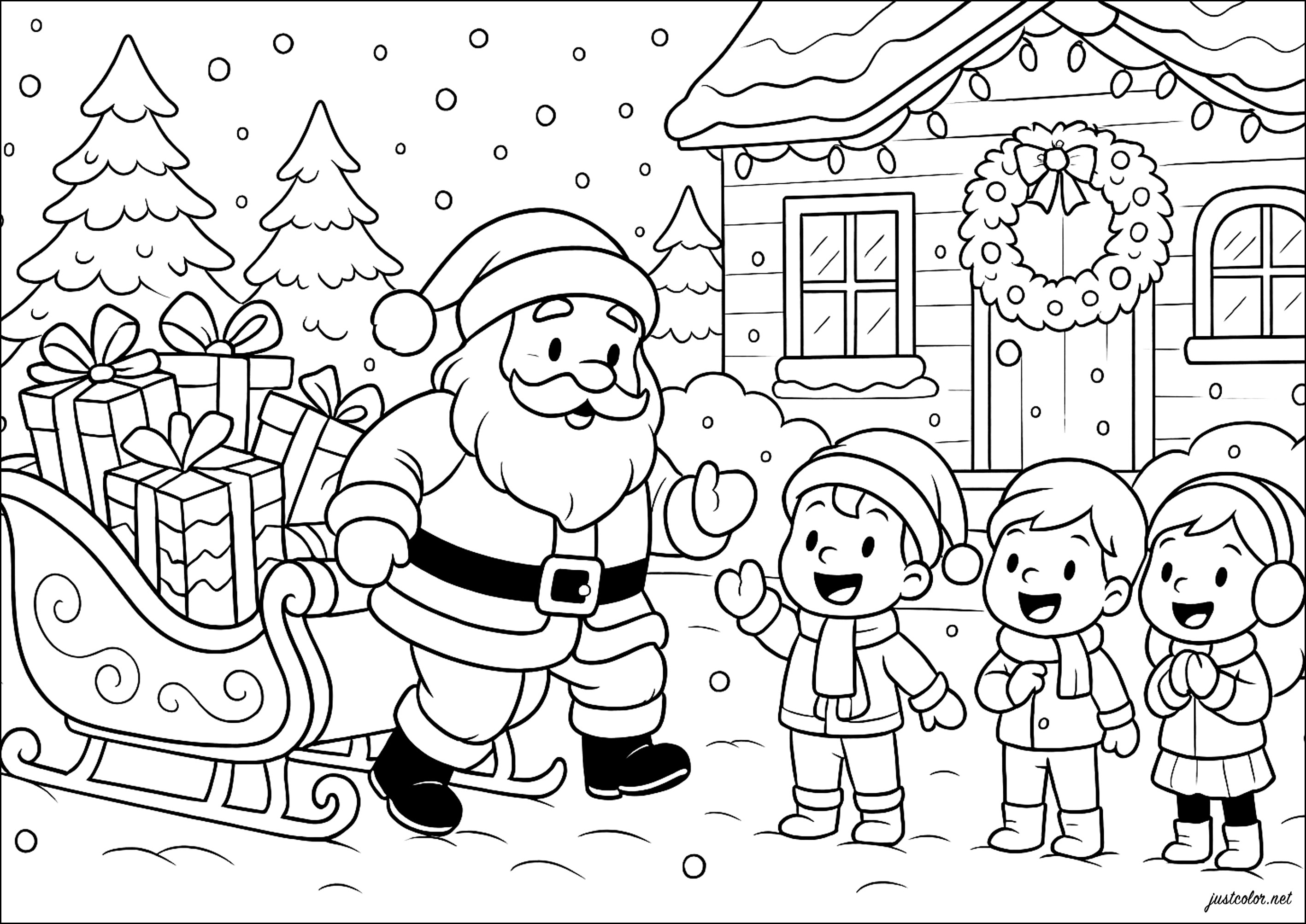 Magische Begegnung mit dem Weihnachtsmann (Ausmalbild zum Ausdrucken und Ausmalen für Kinder)