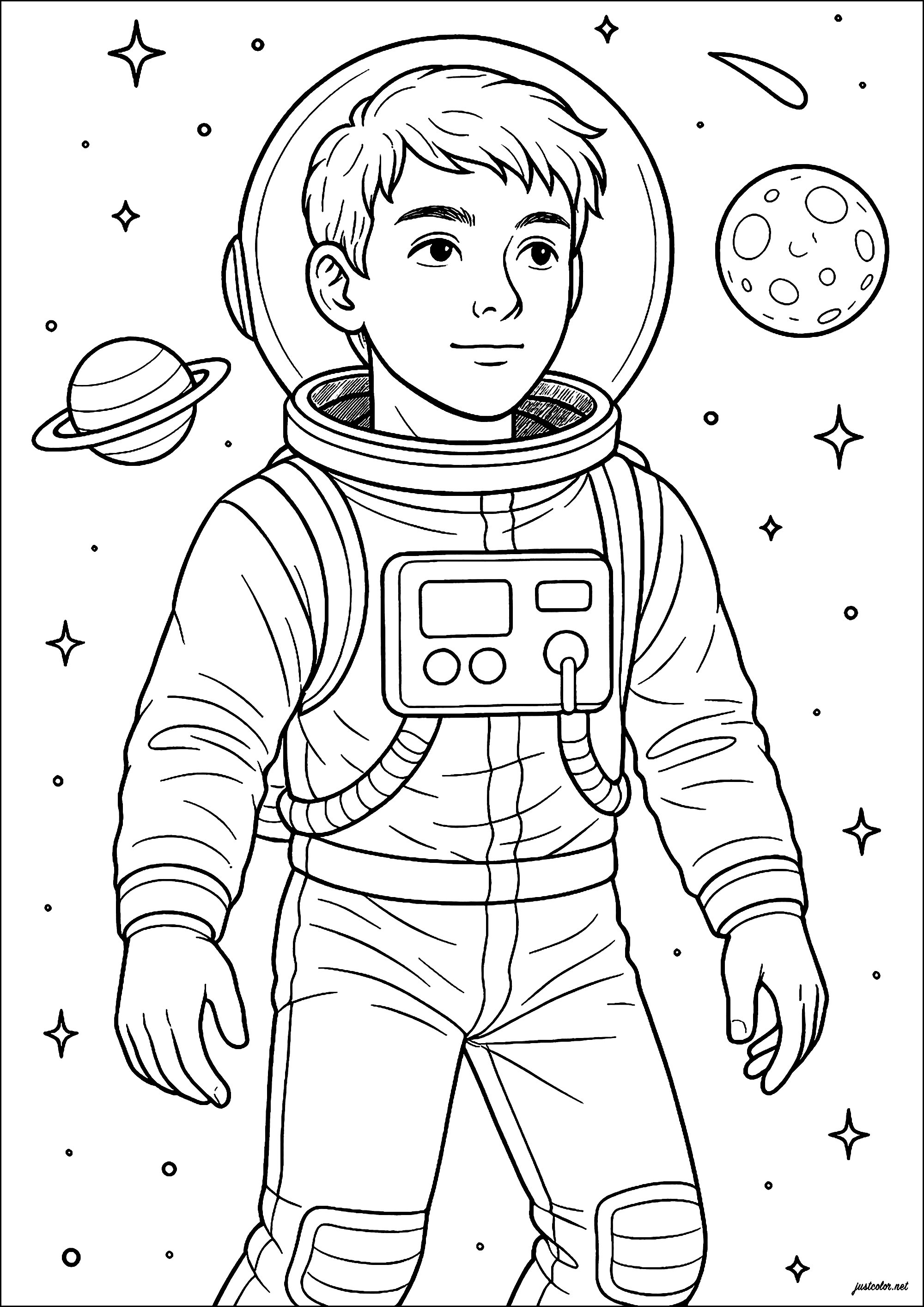 Junger Mann astraunote (Ausmalbild von Weltraum Planeten Galaxie zum Ausdrucken und Ausmalen für Kinder)