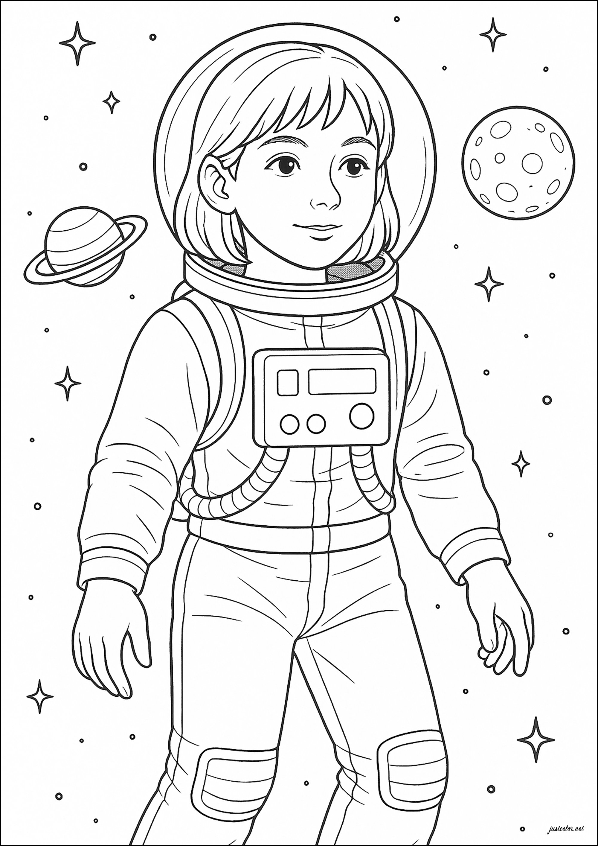 Astraunotes Mädchen (Ausmalbild von Weltraum Planeten Galaxie zum Ausdrucken und Ausmalen für Kinder)
