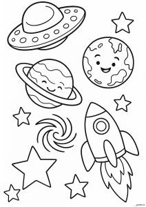 Hübsche Zeichnung mit Rakete, Planeten, Sternen und fliegender Untertasse (Ausmalbild von Weltraum Planeten Galaxie)