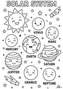 Erforschung unseres Sonnensystems (Ausmalbild von Weltraum Planeten Galaxie)