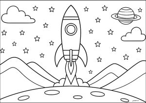 Rakete beim Start (Ausmalbild von Weltraum Planeten Galaxie)