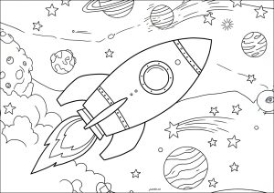 Rakete durchquert den Weltraum (Ausmalbild von Weltraum Planeten Galaxie)