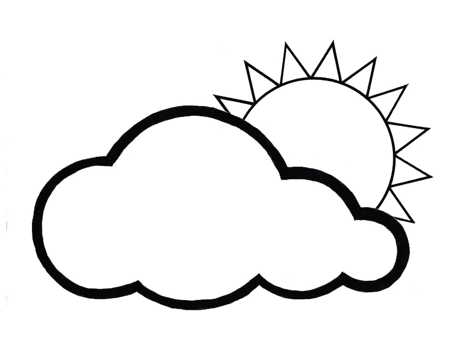 Sehr einfache Ausmalung mit nur einer Sonne und einer Wolke (Ausmalbild von Wetter zum Ausdrucken und Ausmalen für Kinder)