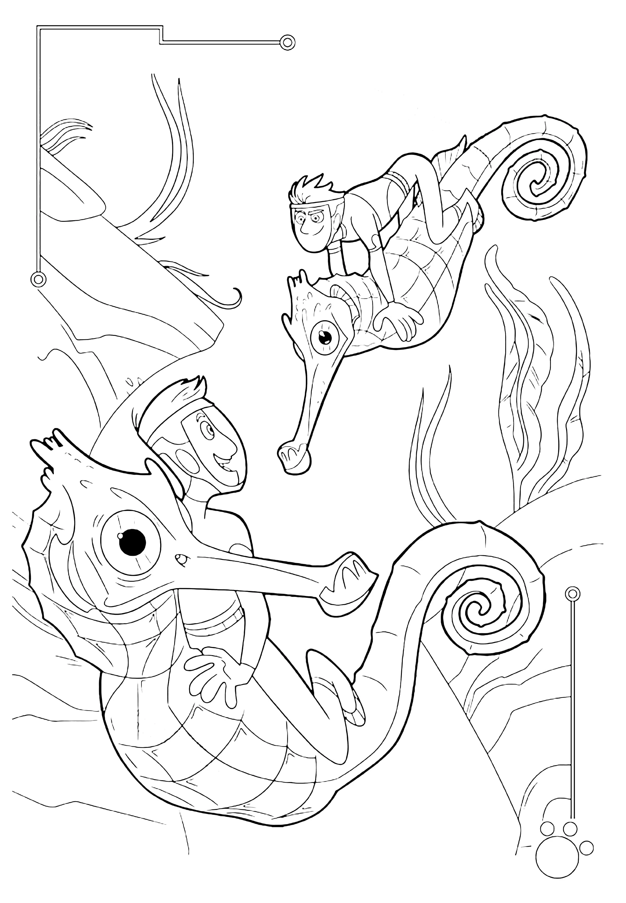 Sie reiten auf Seepferdchen. (Ausmalbild von Wild Kratts zum Ausdrucken und Ausmalen für Kinder)