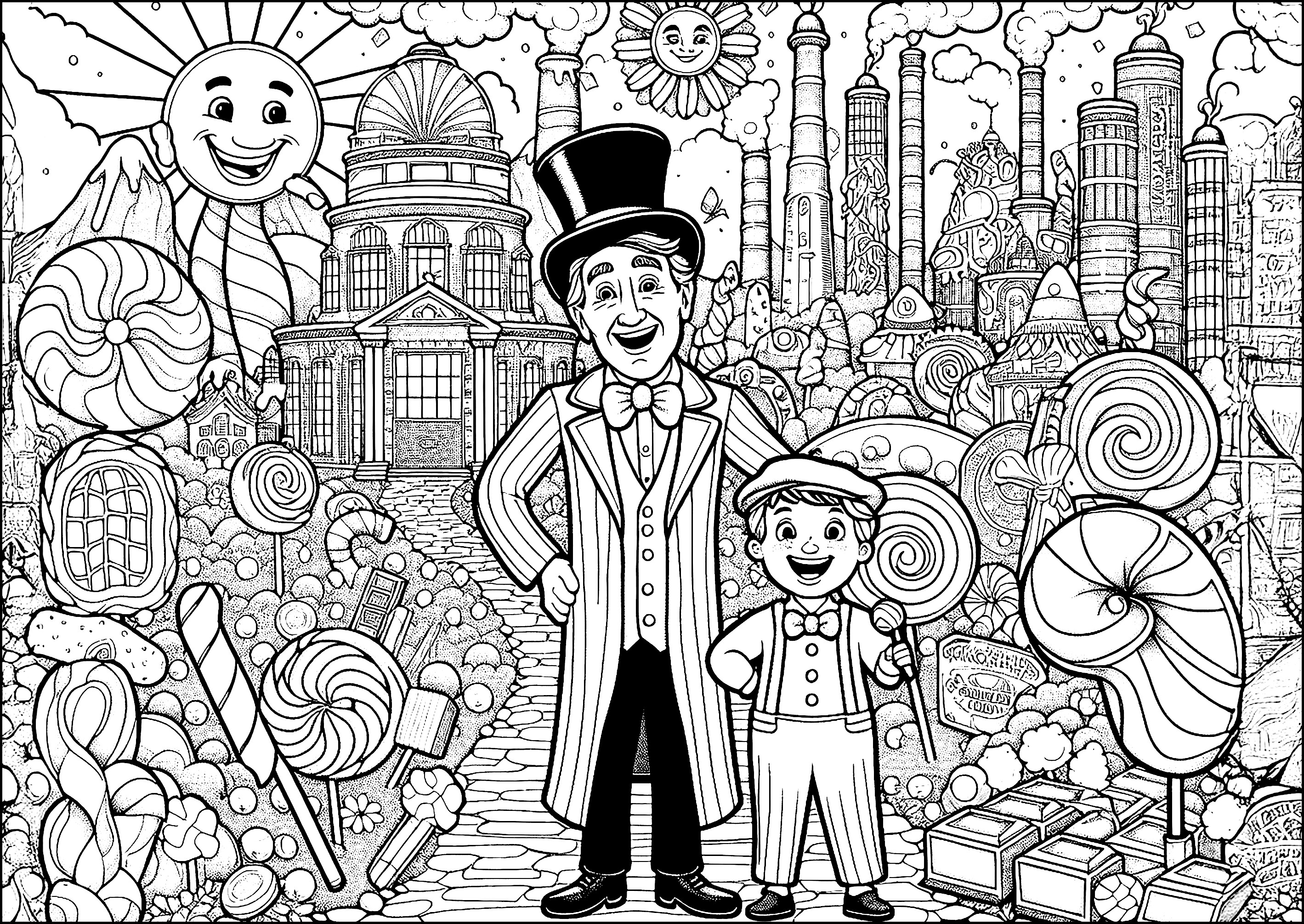 Die magische Schokoladenfabrik (Ausmalbild von Willy Wonka zum Ausdrucken und Ausmalen für Kinder)