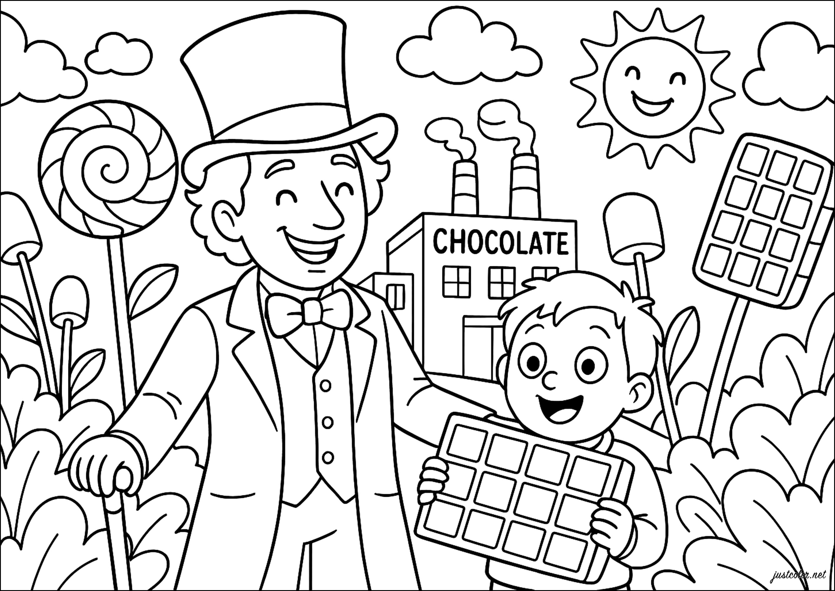 Die verzauberte Welt von (Ausmalbild von Willy Wonka zum Ausdrucken und Ausmalen für Kinder)