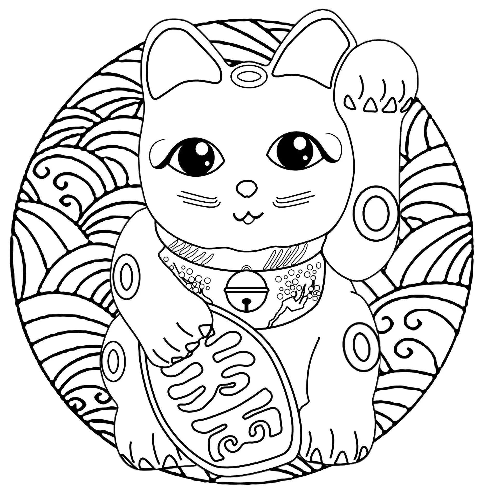 Mandala Maneki Neko bleibt auf Deutsch unverändert, da es sich um spezifische Begriffe handelt, die nicht übersetzt werden. (Ausmalbild von Winkekatze zum Ausdrucken und Ausmalen für Kinder)