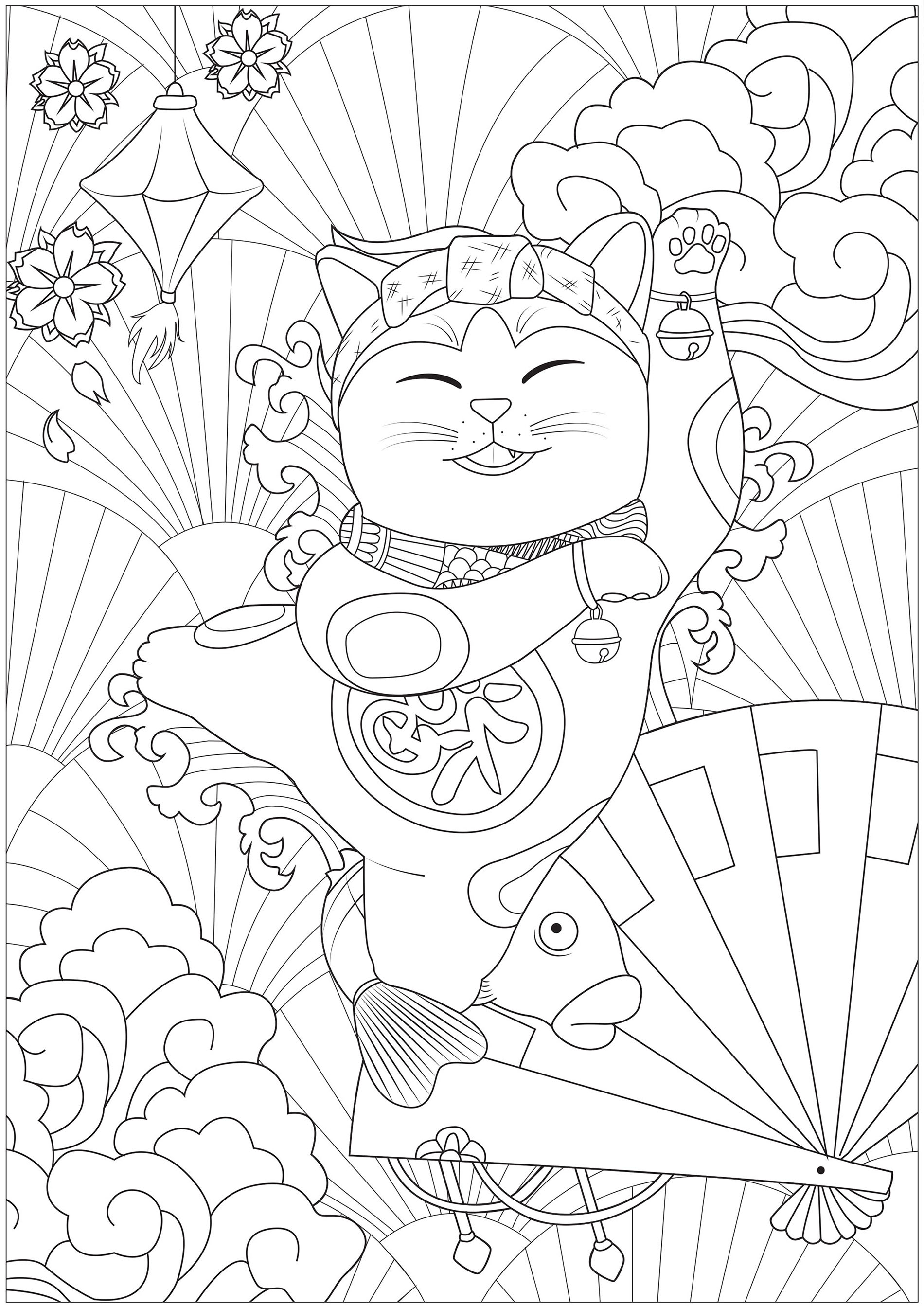 Glücklicher Maneki Neko (Ausmalbild von Winkekatze zum Ausdrucken und Ausmalen für Kinder)