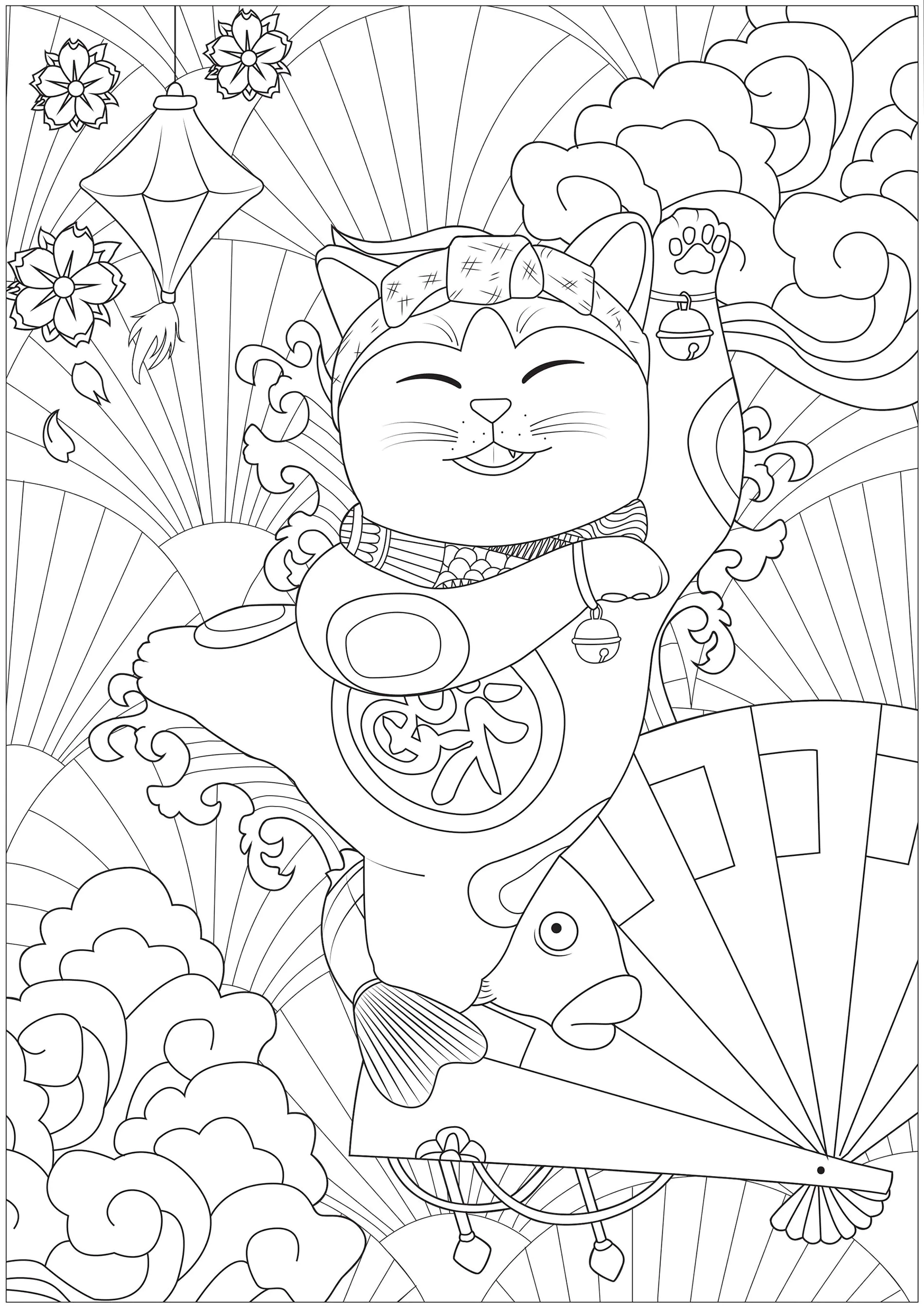 Glücklicher Maneki Neko (Ausmalbild von Winkekatze zum Ausdrucken und Ausmalen für Kinder)