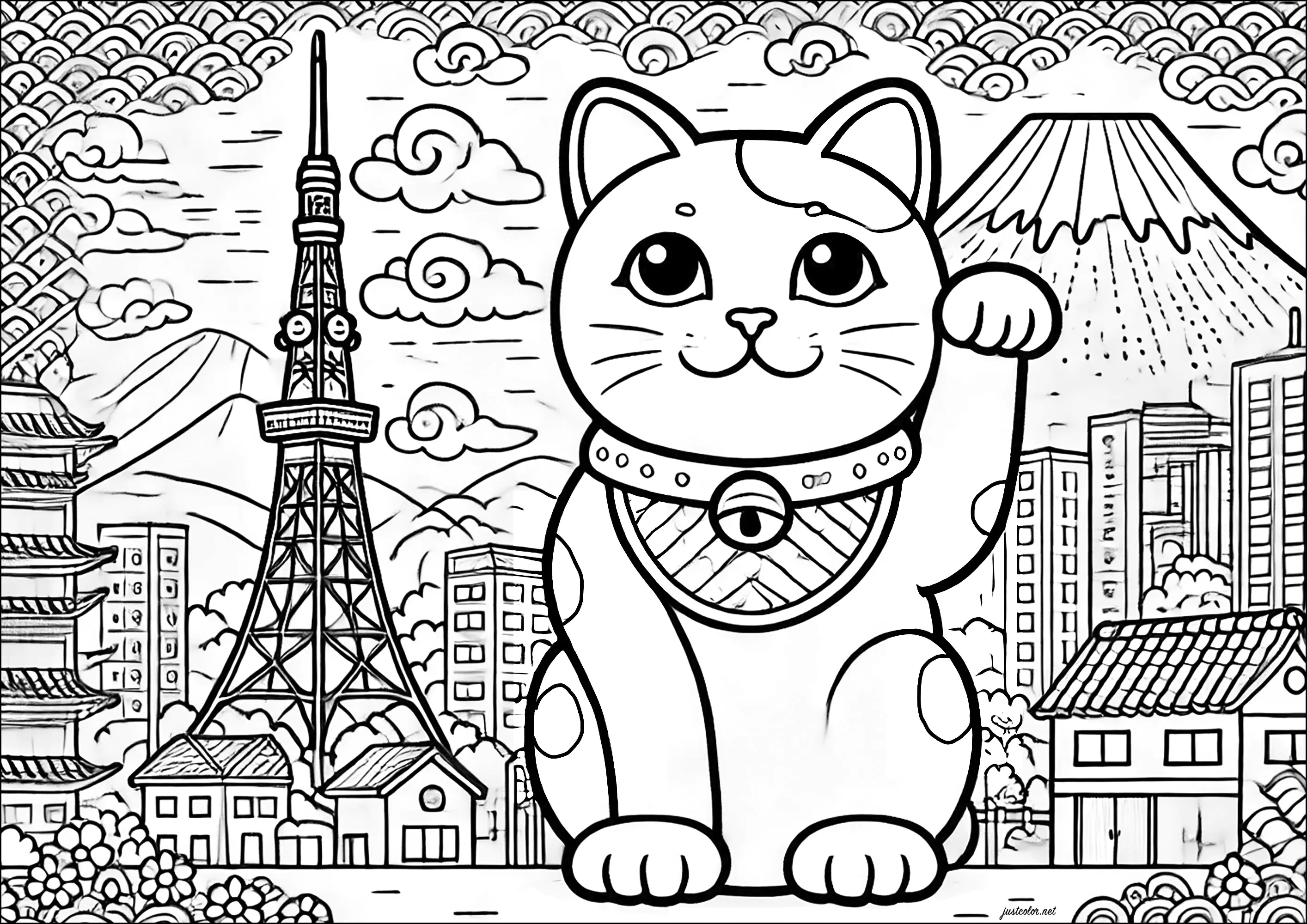 Winkekatze in Toyo (Ausmalbild zum Ausdrucken und Ausmalen für Kinder)