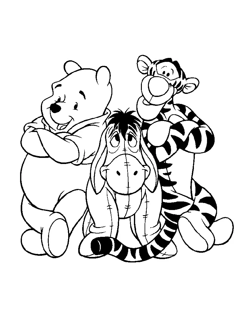Winnie mit seinen Freunden Tigger und Bouriquet (Ausmalbild von Winnie Puuh zum Ausdrucken und Ausmalen für Kinder)