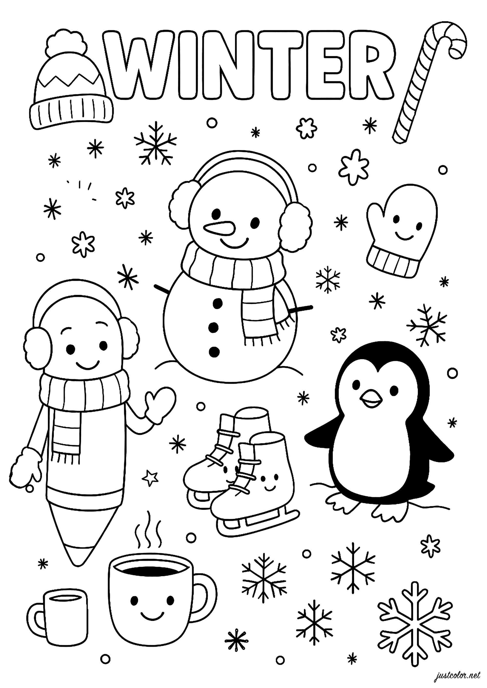 Symbole und Figuren des Winters (Ausmalbild zum Ausdrucken und Ausmalen für Kinder)