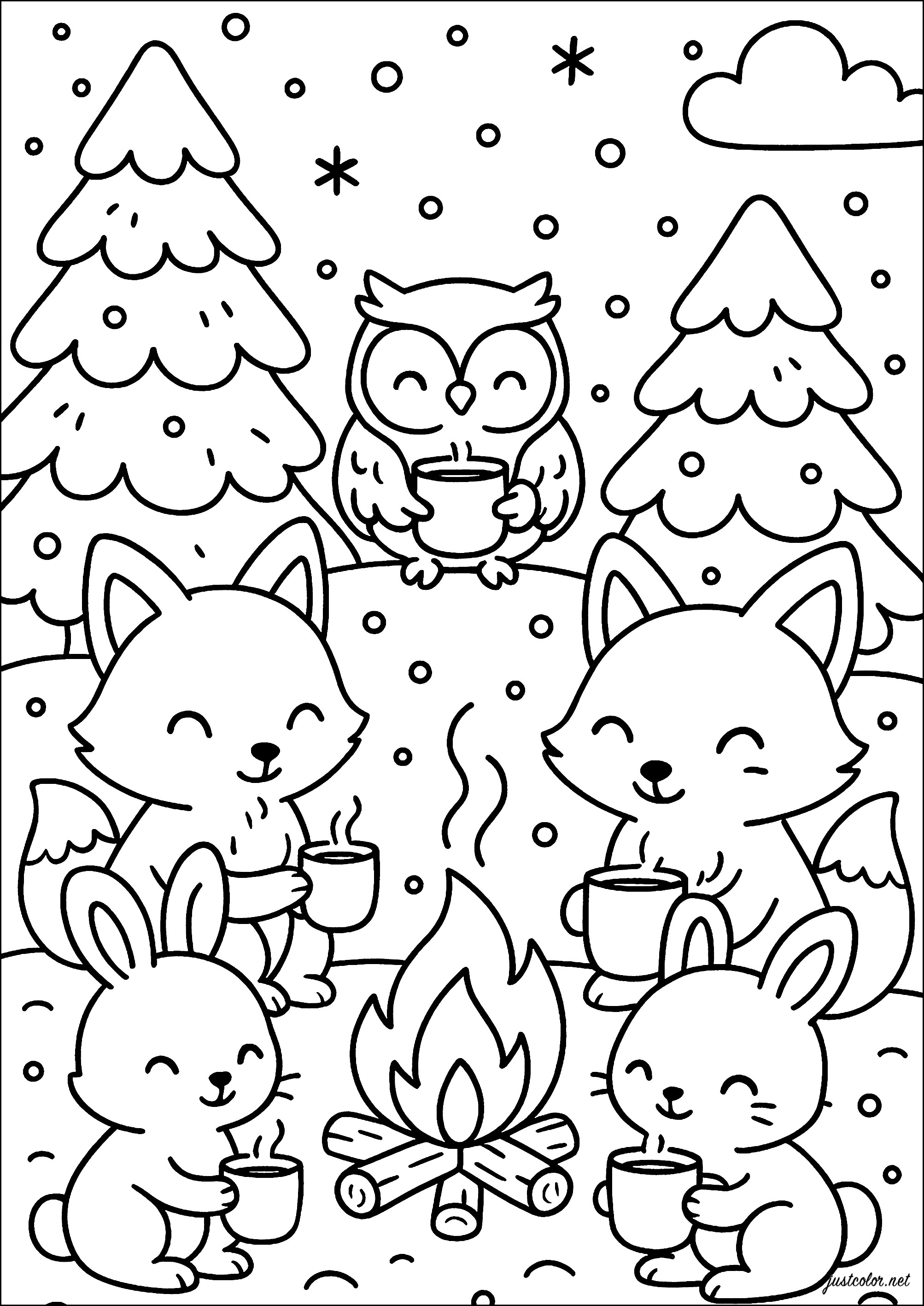 Warme Zusammenkunft fröhlicher Tiere (Ausmalbild von Winter zum Ausdrucken und Ausmalen für Kinder)