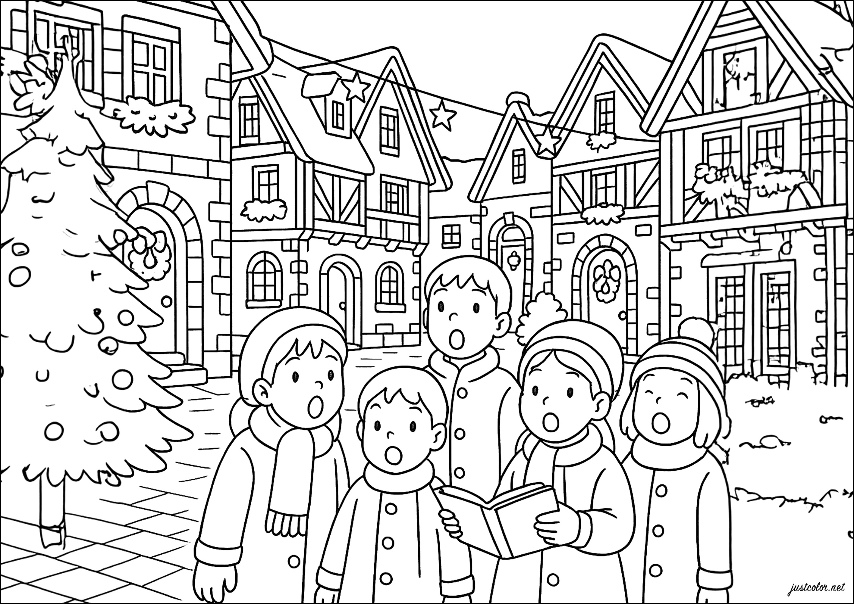 Kinder-Weihnachtschor (Ausmalbild von Winter zum Ausdrucken und Ausmalen für Kinder)