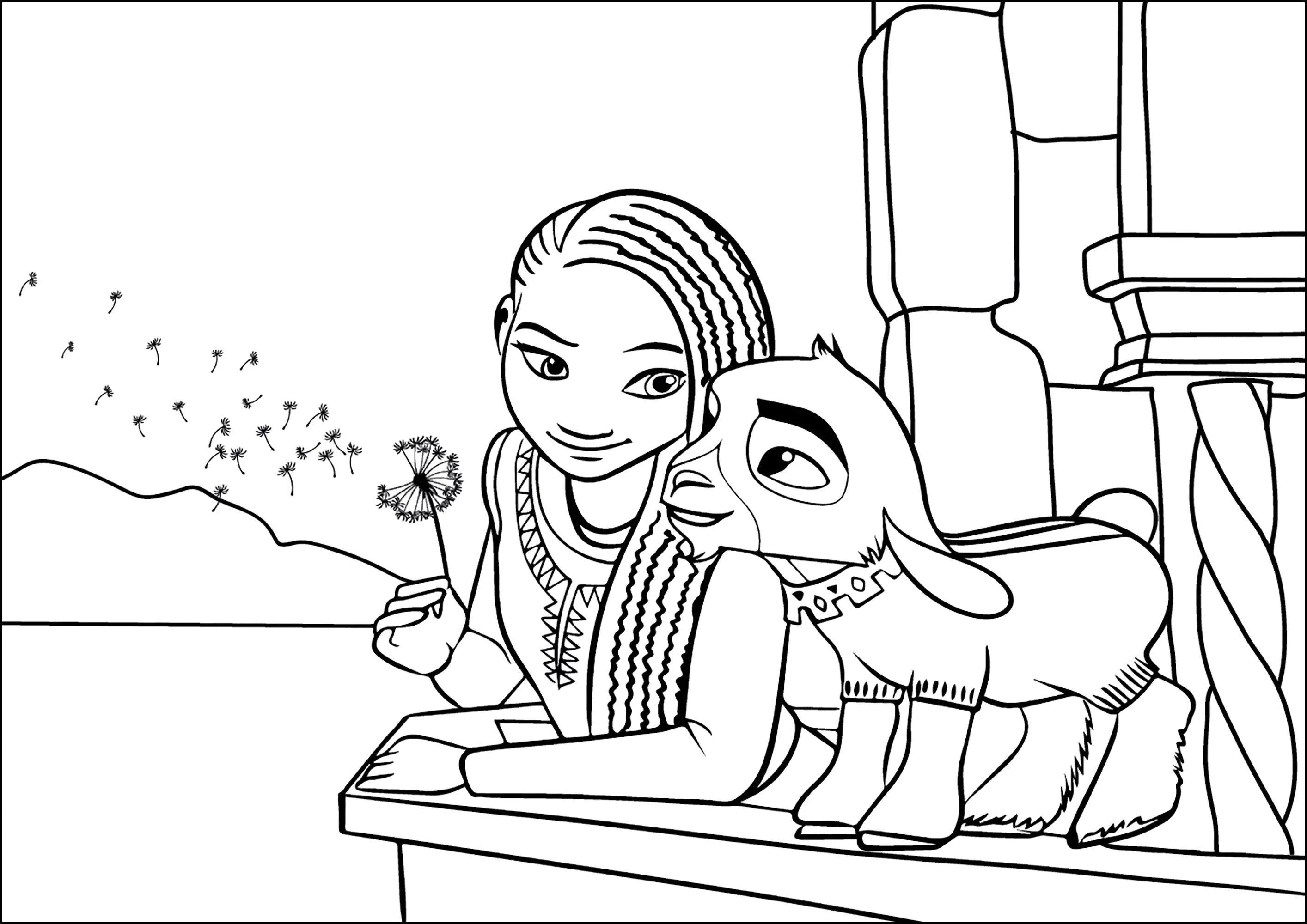 Asha und Valentino machen einen Wunsch. (Ausmalbild von Wish zum Ausdrucken und Ausmalen für Kinder)