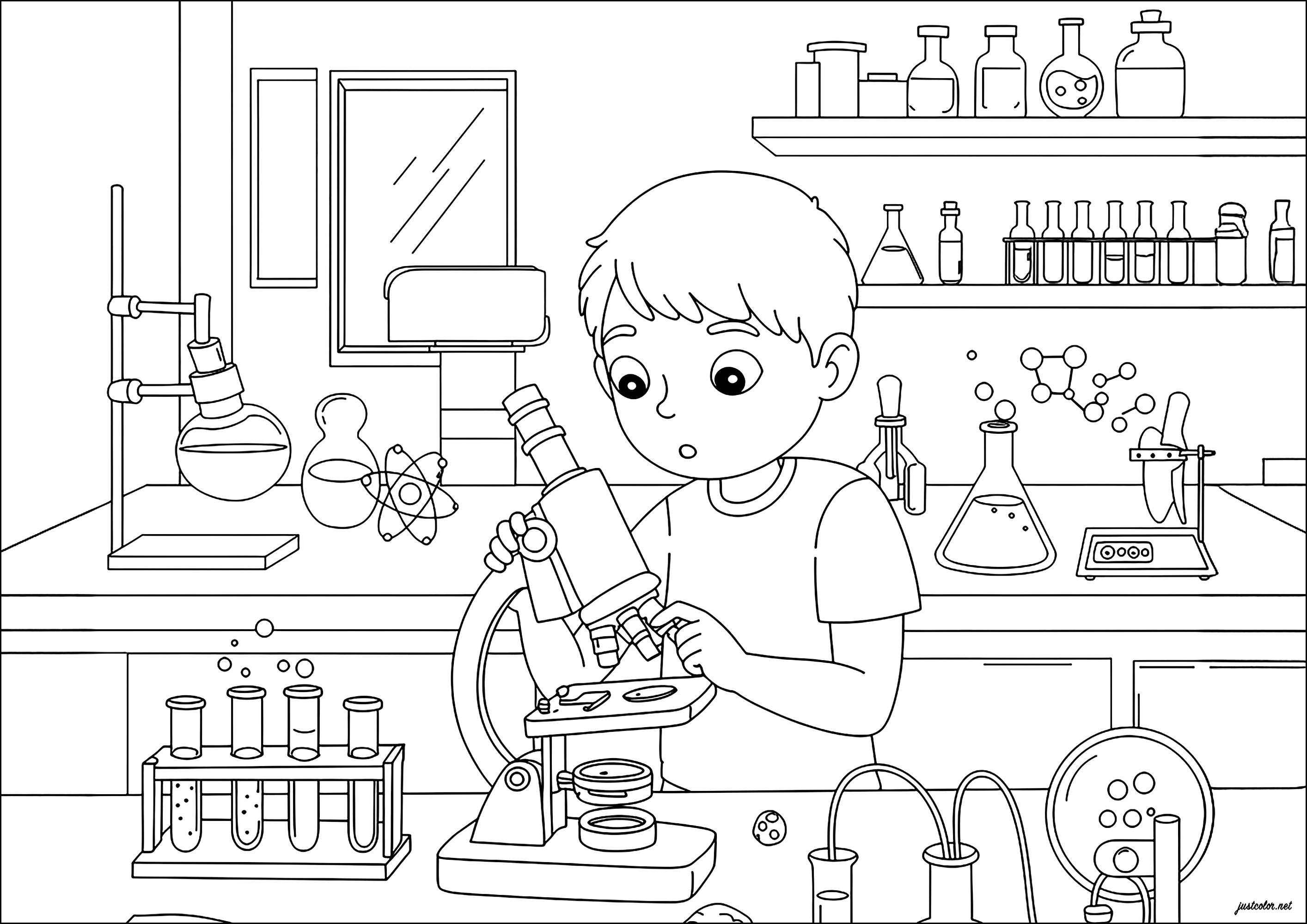 Beobachtung unter dem Mikroskop (Ausmalbild von Wissenschaft zum Ausdrucken und Ausmalen für Kinder)