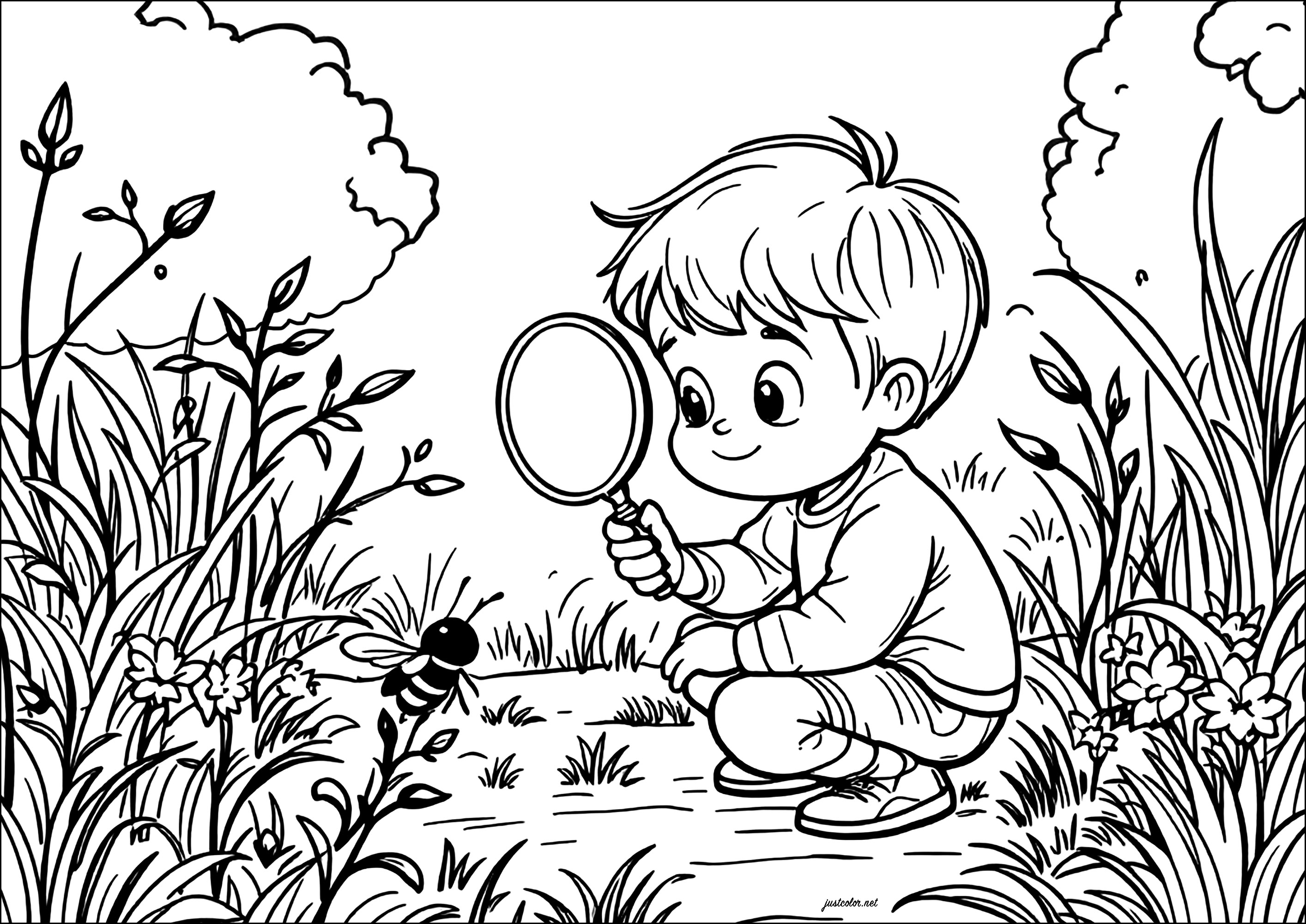 Die Natur mit der Lupe beobachten: eine bereichernde Aktivität (Ausmalbild von Wissenschaft zum Ausdrucken und Ausmalen für Kinder)