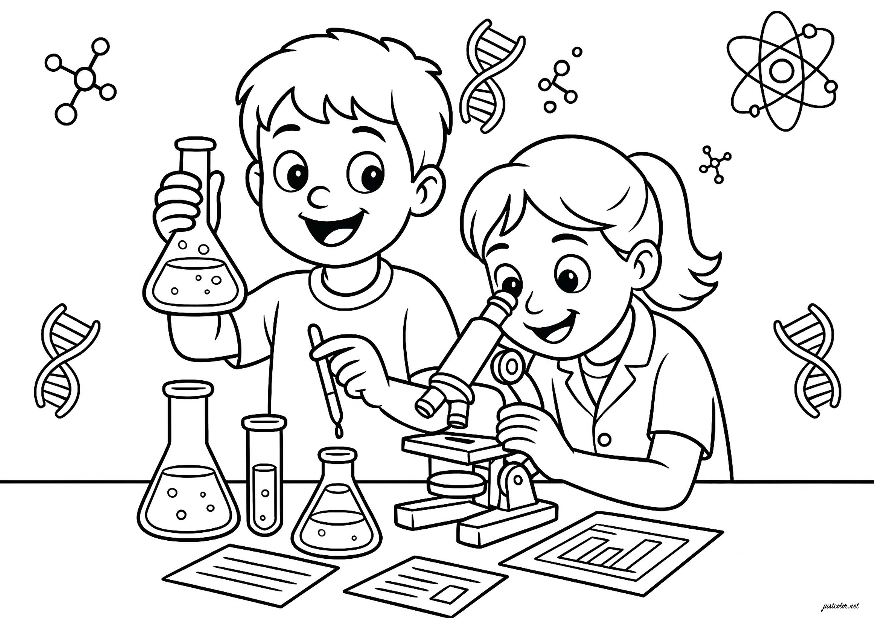 Wissenschaftliche Experimente (Ausmalbild von Wissenschaft zum Ausdrucken und Ausmalen für Kinder)