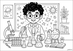 Ein neugieriger junger Wissenschaftler entdeckt die Welt (Ausmalbild von Wissenschaft)