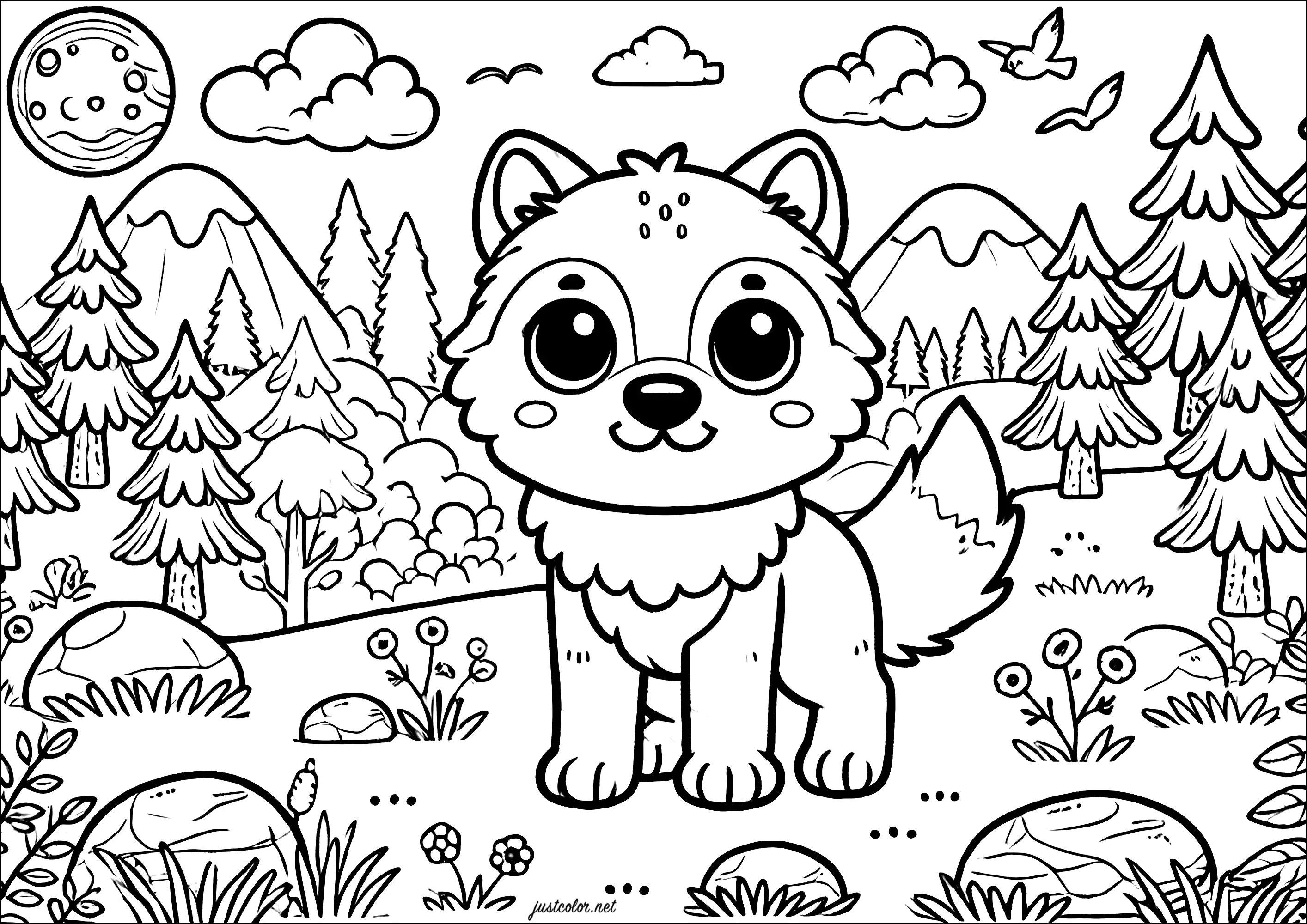 Junger Wolf in den Bergen (Ausmalbild von Wölfe zum Ausdrucken und Ausmalen für Kinder)