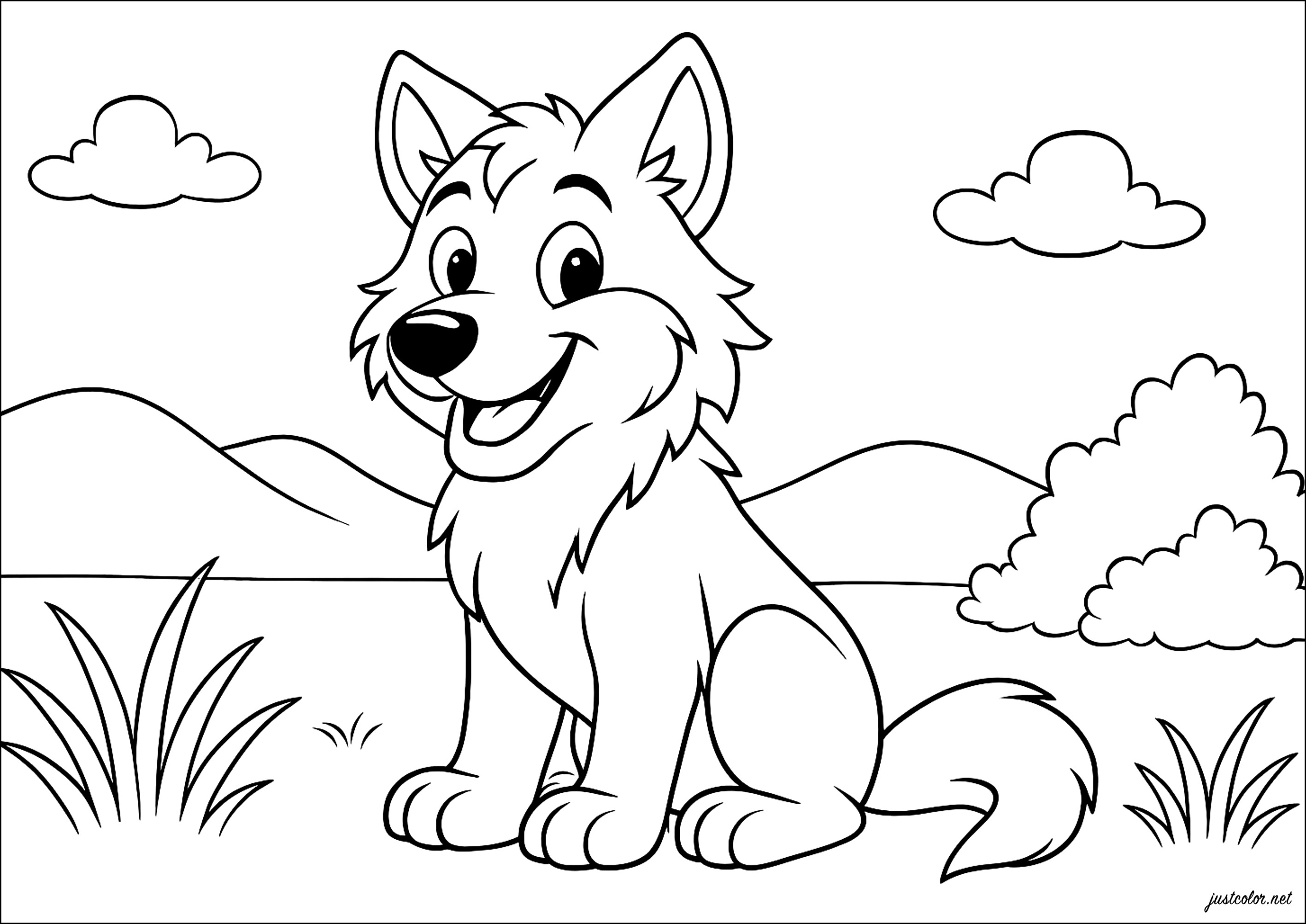 Wolf lächelnd (Ausmalbild von Wölfe zum Ausdrucken und Ausmalen für Kinder)