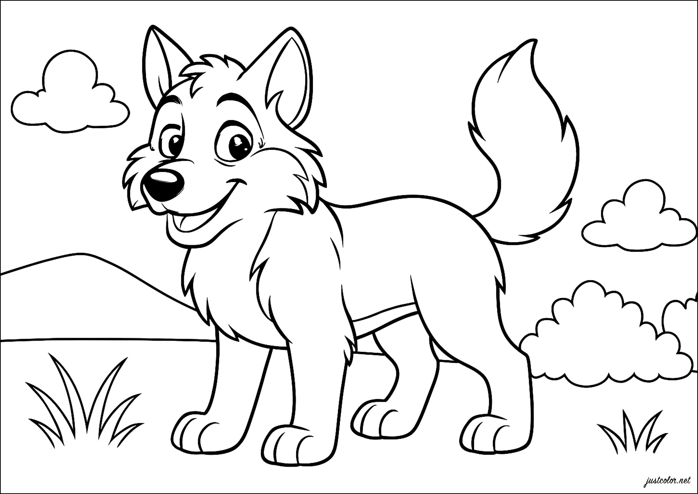 Wolf lächelnd (Ausmalbild von Wölfe zum Ausdrucken und Ausmalen für Kinder)