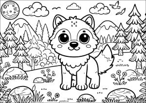 Junger Wolf in den Bergen (Ausmalbild von Wölfe)
