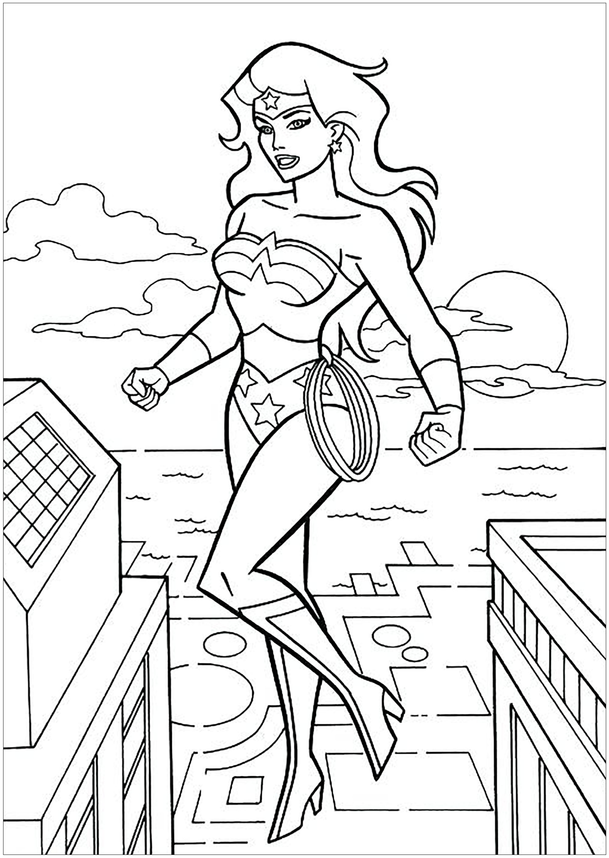 Wonder Woman nimmt ihren Flug auf. (Ausmalbild zum Ausdrucken und Ausmalen für Kinder)