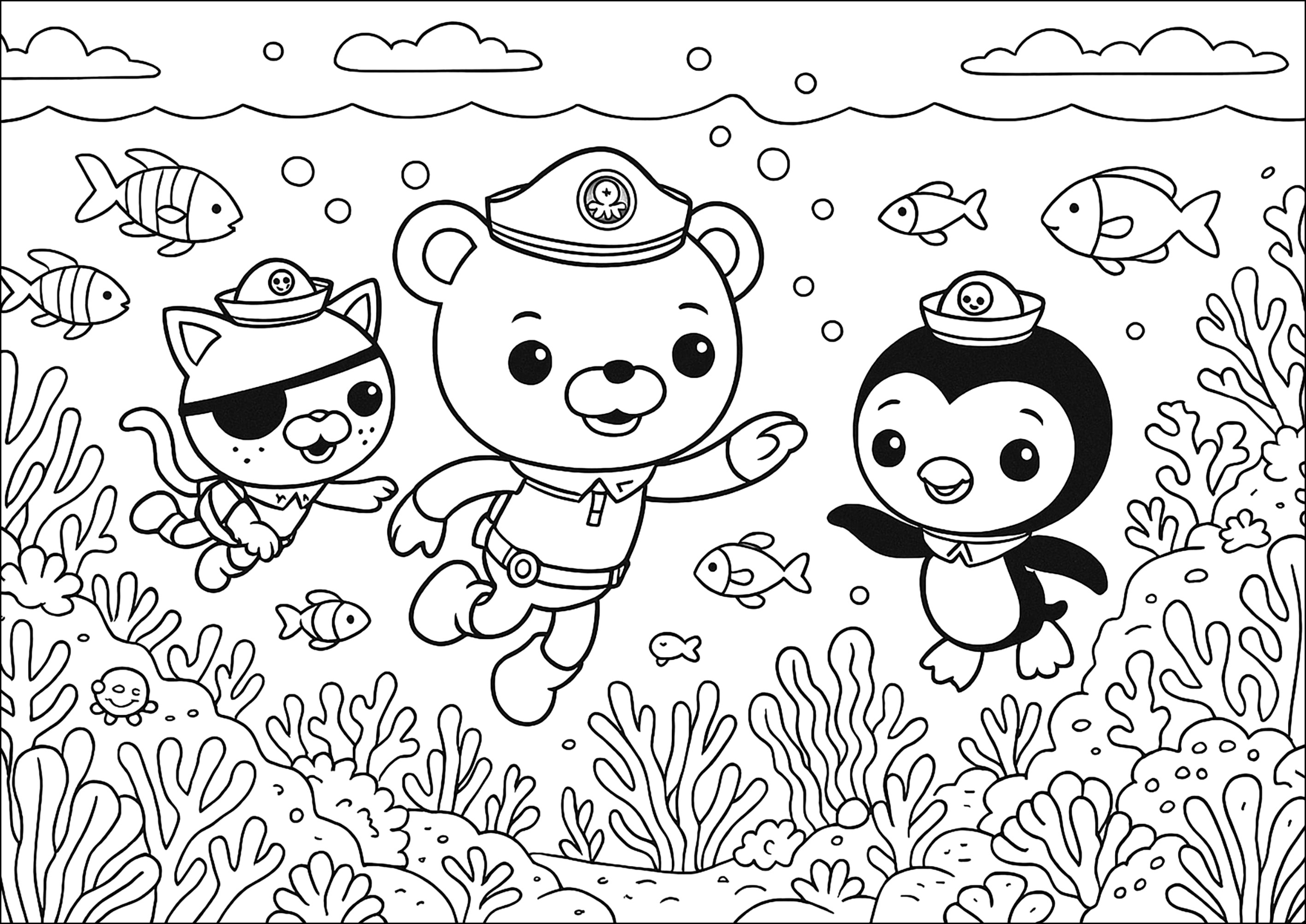 Unterwasserabenteuer der Yakkooni (Ausmalbild zum Ausdrucken und Ausmalen für Kinder)