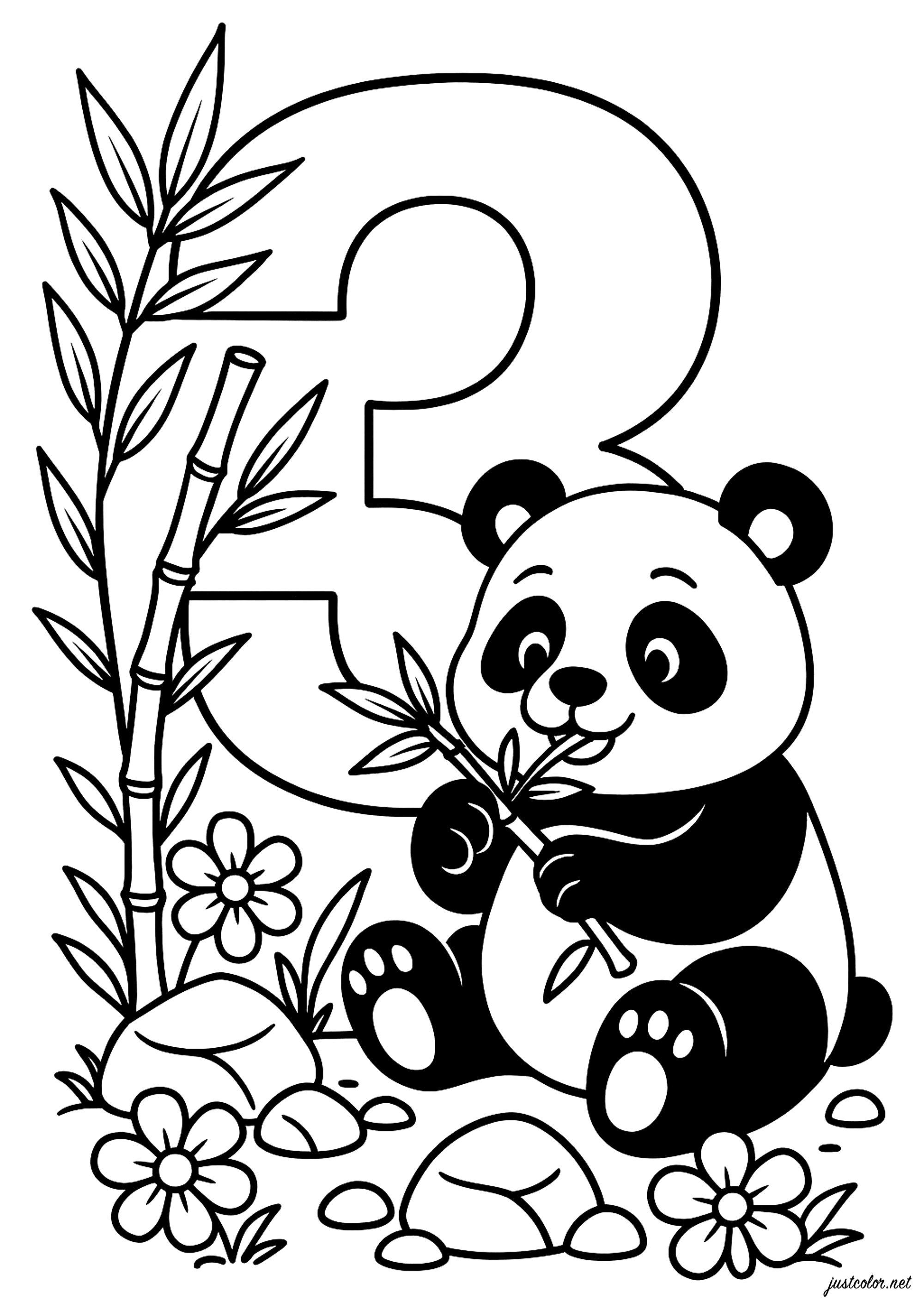 3: Der fröhliche Panda in seinem Garten (Ausmalbild von Zahlen zum Ausdrucken und Ausmalen für Kinder)