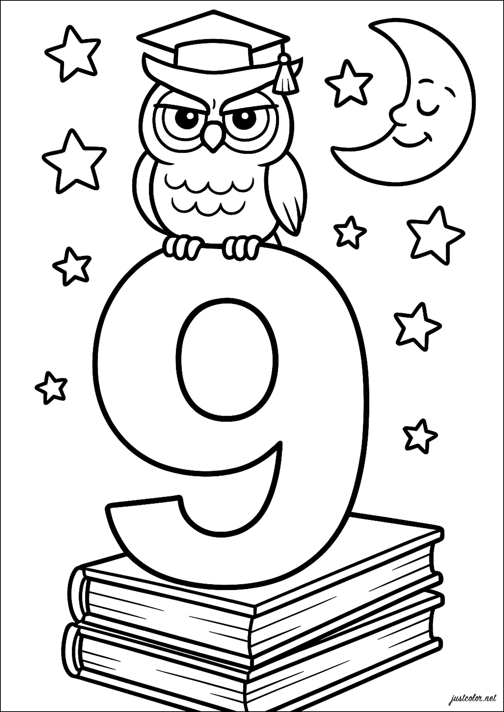 9: Weise Eule unter einem Sternenhimmel (Ausmalbild von Zahlen zum Ausdrucken und Ausmalen für Kinder)