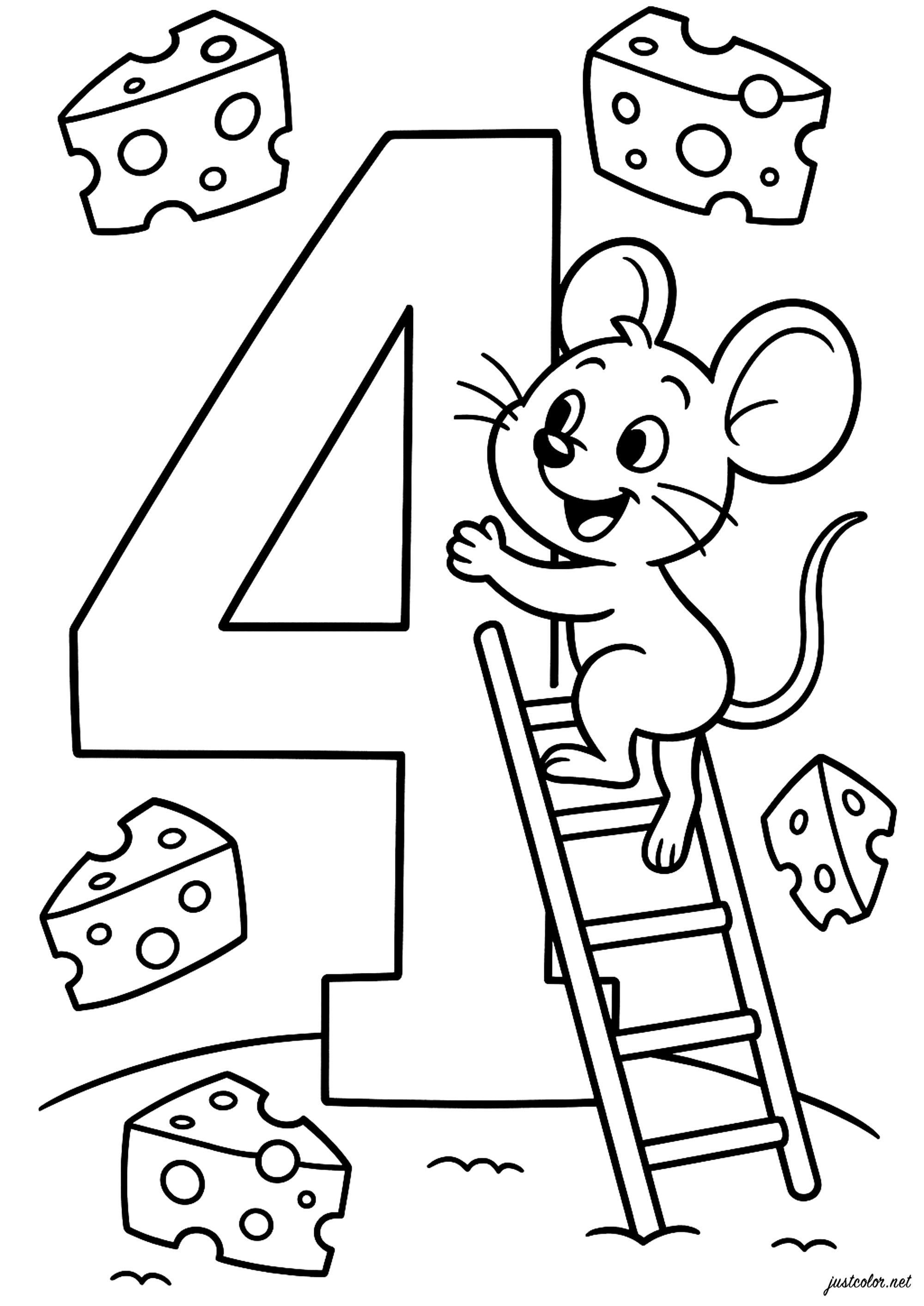 4: Fröhliche Maus und schwebender Käse (Ausmalbild von Zahlen zum Ausdrucken und Ausmalen für Kinder)