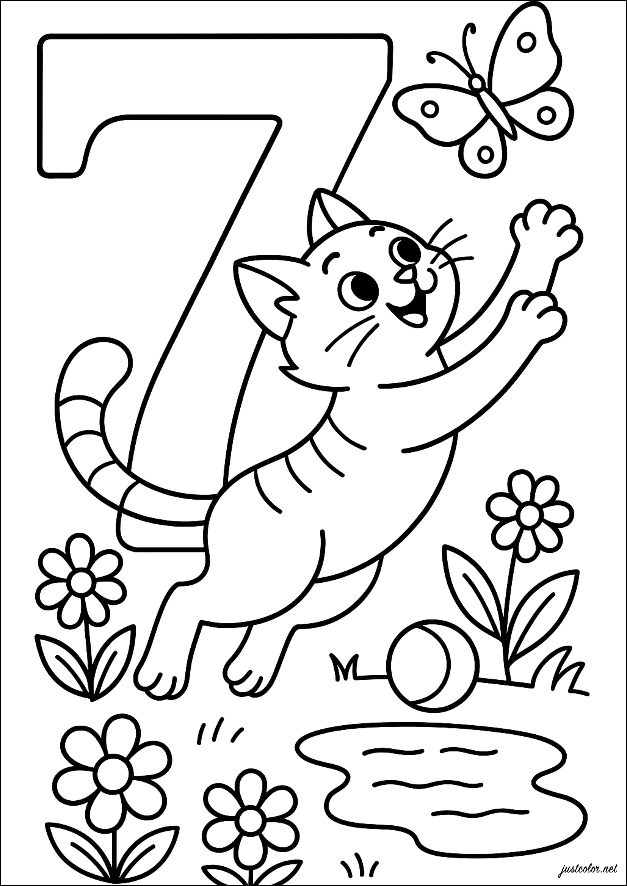 7: Glückliche Spiele mit einer fröhlichen Katze (Ausmalbild von Zahlen zum Ausdrucken und Ausmalen für Kinder)