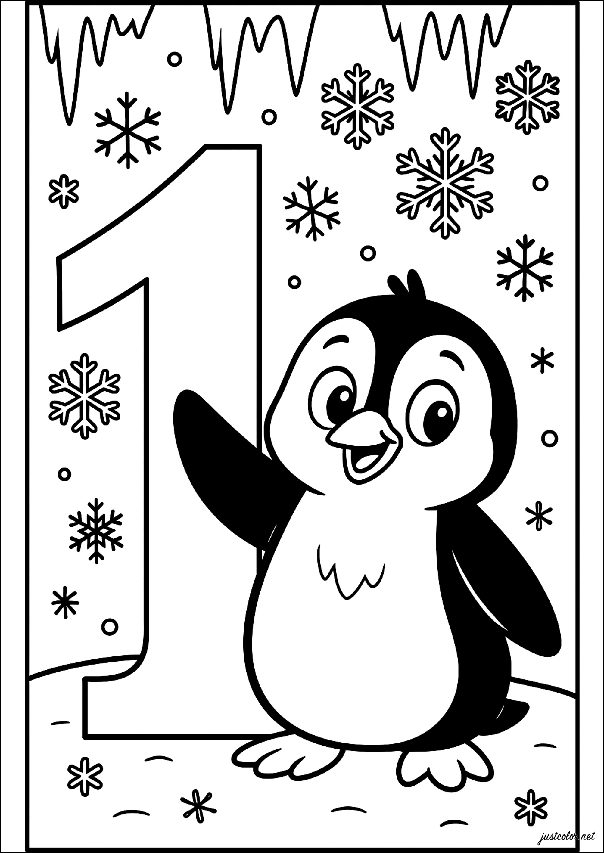 1: Kleiner, fröhlicher Pinguin im Schnee (Ausmalbild von Zahlen zum Ausdrucken und Ausmalen für Kinder)