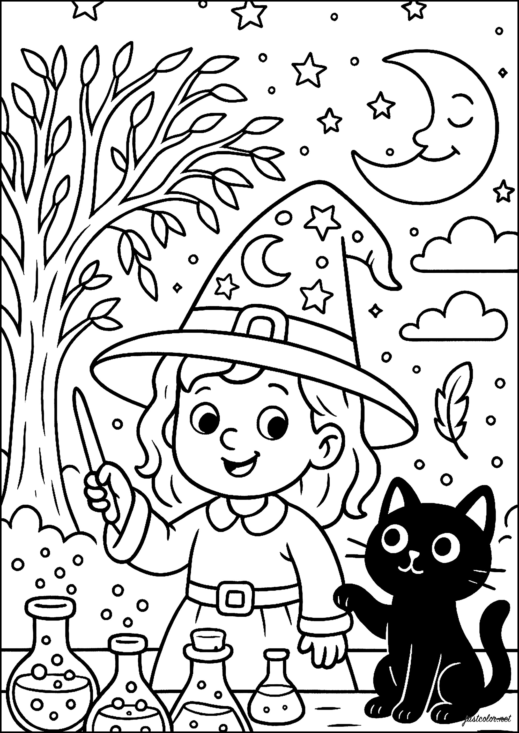 Die Zauberlehrling (Ausmalbild von Zauberer zum Ausdrucken und Ausmalen für Kinder)