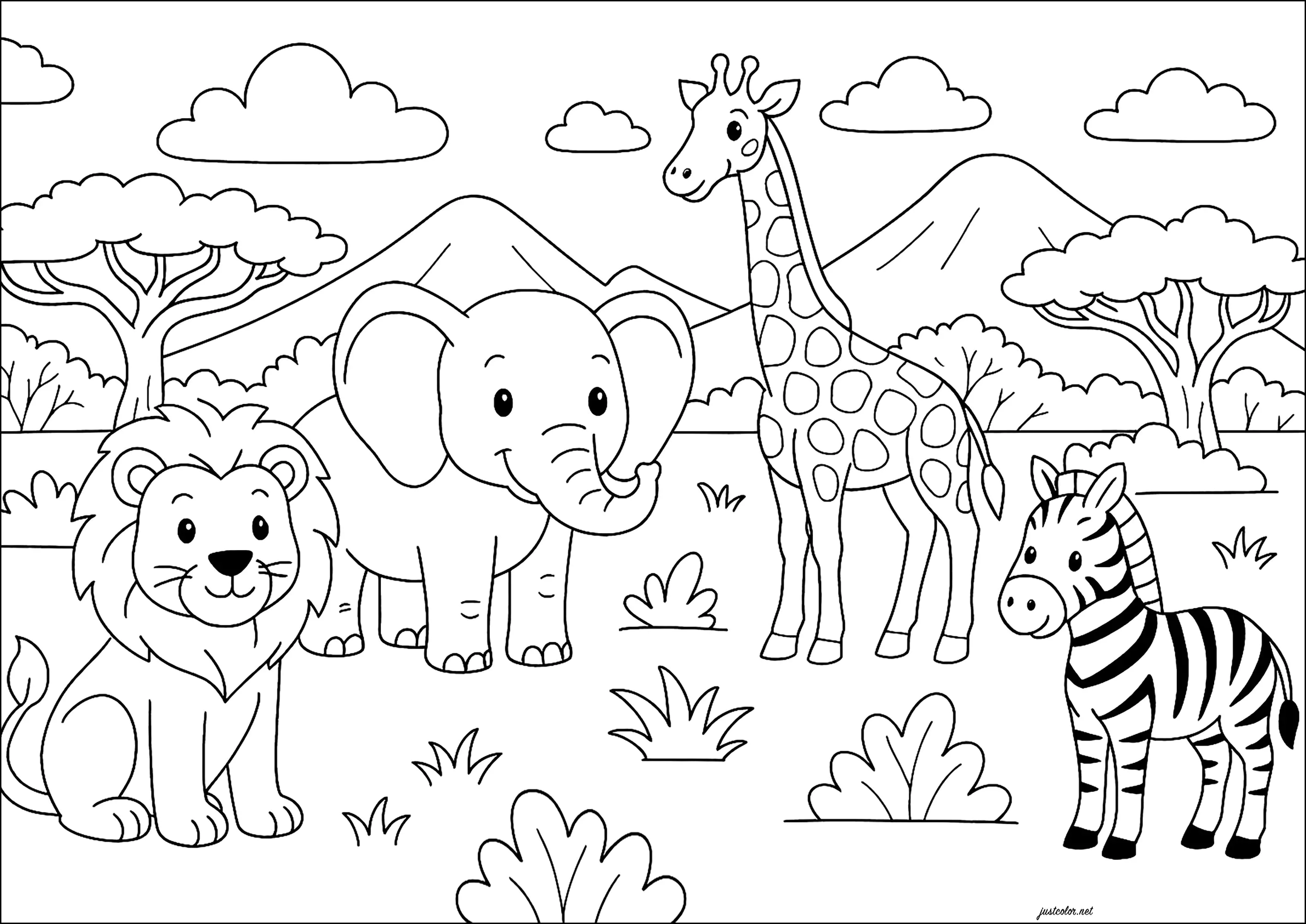 Ein Zebra mit seinen Dschungelfreunden (Ausmalbild zum Ausdrucken und Ausmalen für Kinder)