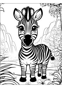 Kleines Zebra vor dem Hintergrund der afrikanischen Savanne. (Ausmalbild)
