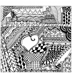 Erhabene Zentangle-Zeichnung mit einem Herz in der Mitte. (Ausmalbild)