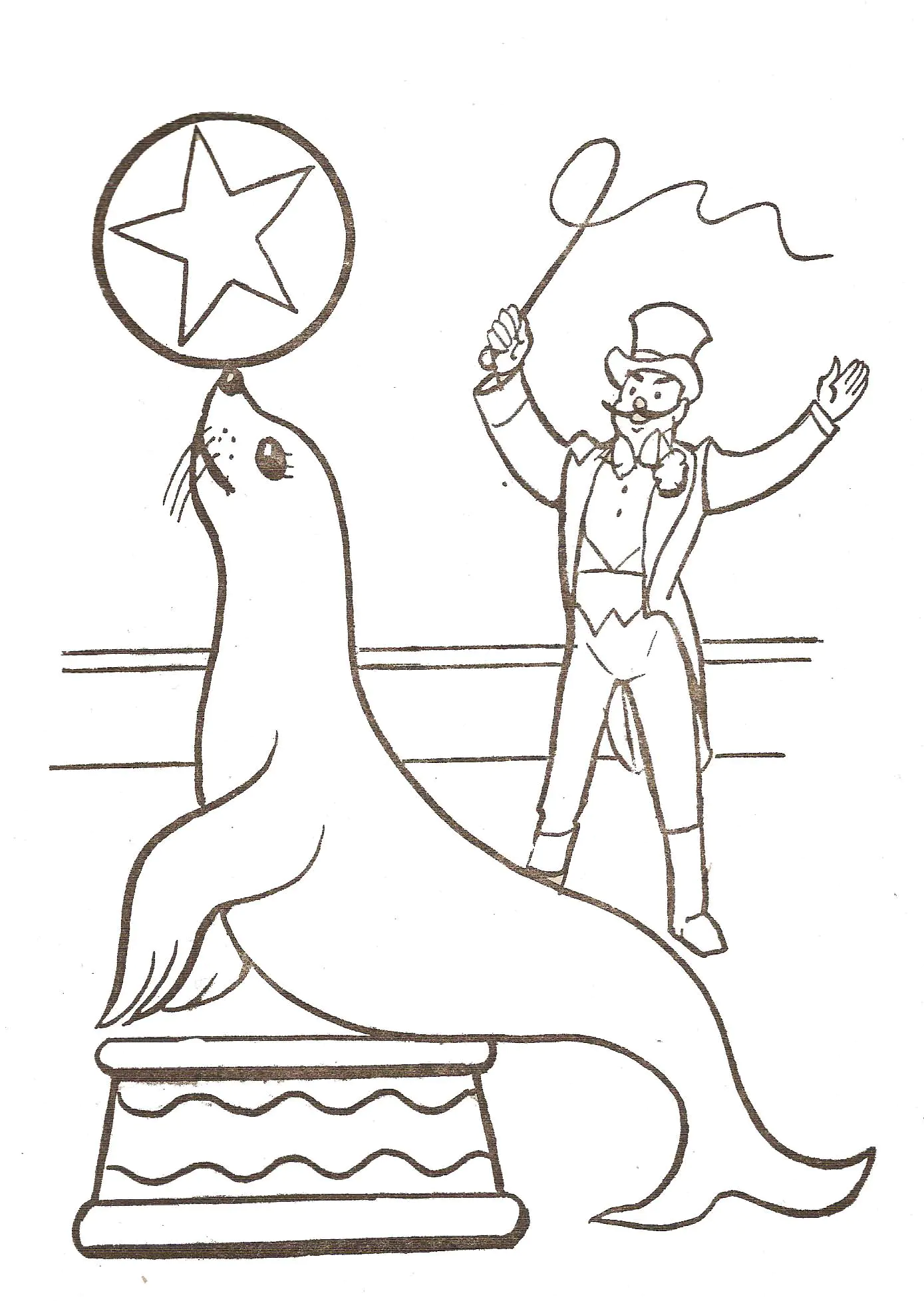 Seelöwe und Trainer (Ausmalbild von Zirkus zum Ausdrucken und Ausmalen für Kinder)