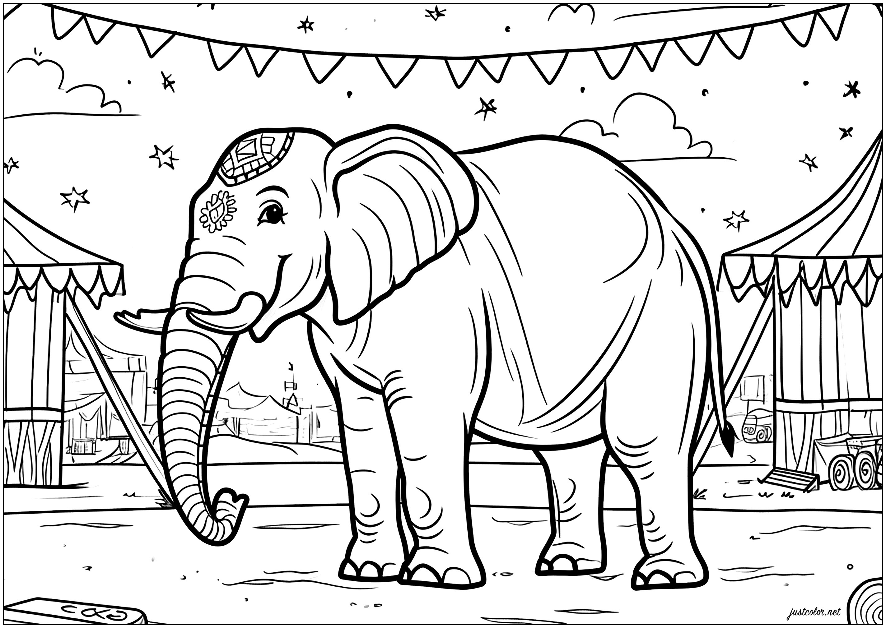 Circuselefant (Ausmalbild von Zirkus zum Ausdrucken und Ausmalen für Kinder)