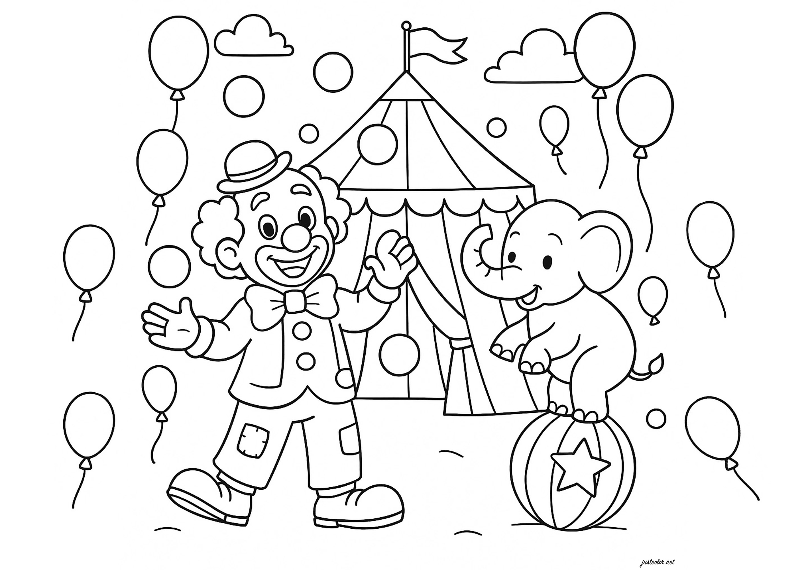 Der Elefant und der Clown umgeben von Luftballons (Ausmalbild von Zirkus zum Ausdrucken und Ausmalen für Kinder)