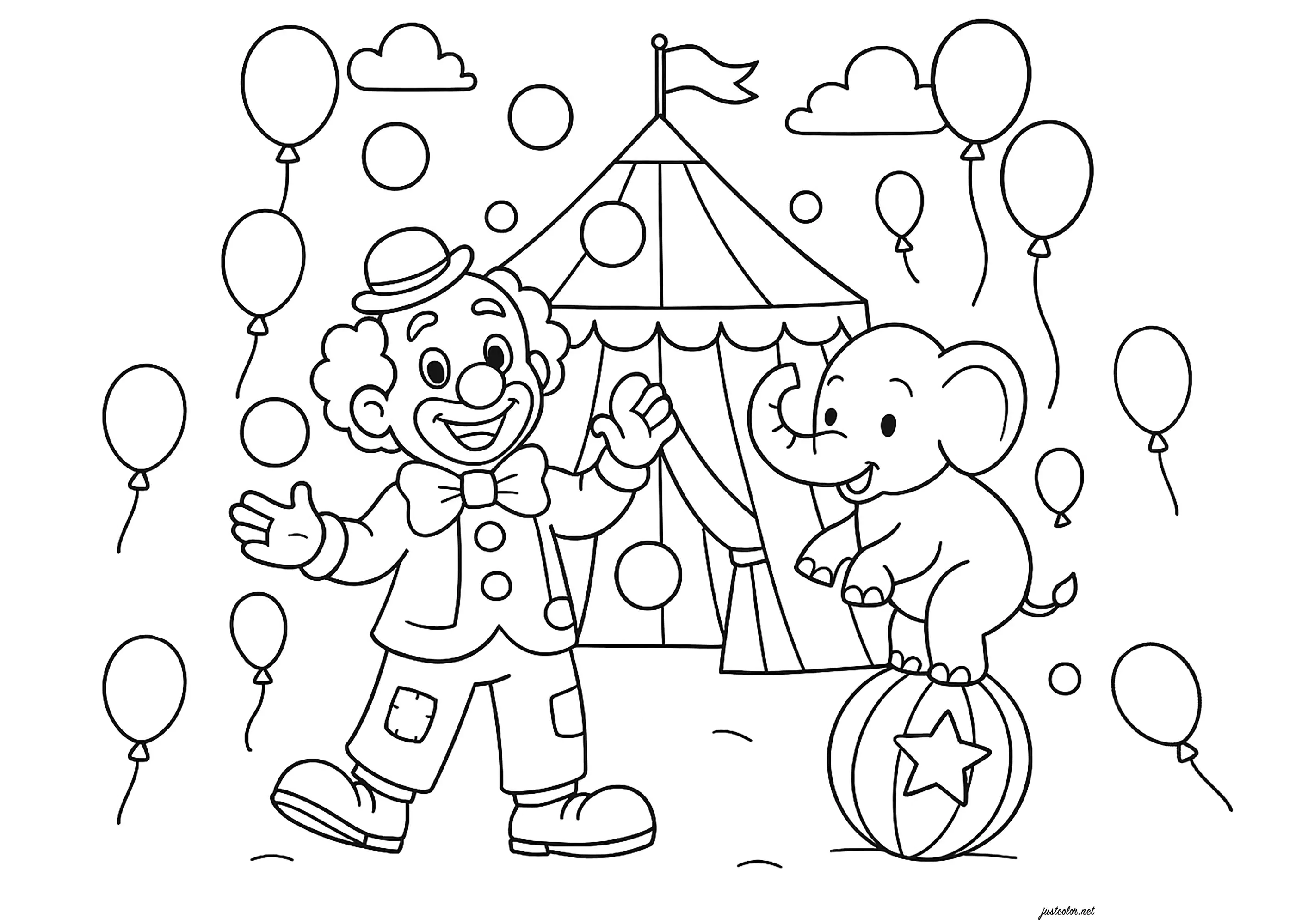 Der Elefant und der Clown umgeben von Luftballons (Ausmalbild von Zirkus zum Ausdrucken und Ausmalen für Kinder)