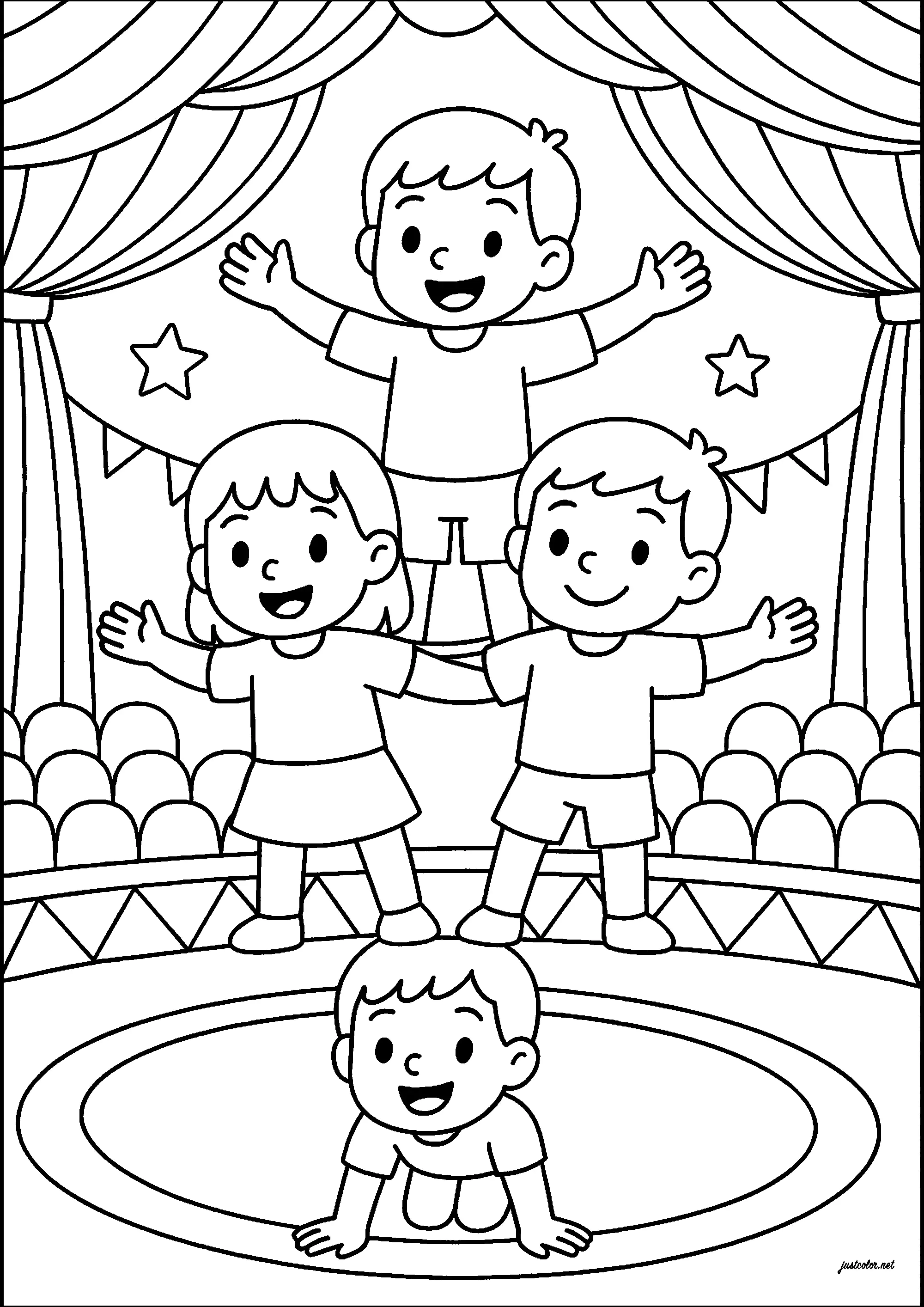 Menschliche Pyramide mit vier kleinen Jungen im Zirkus (Ausmalbild zum Ausdrucken und Ausmalen für Kinder)
