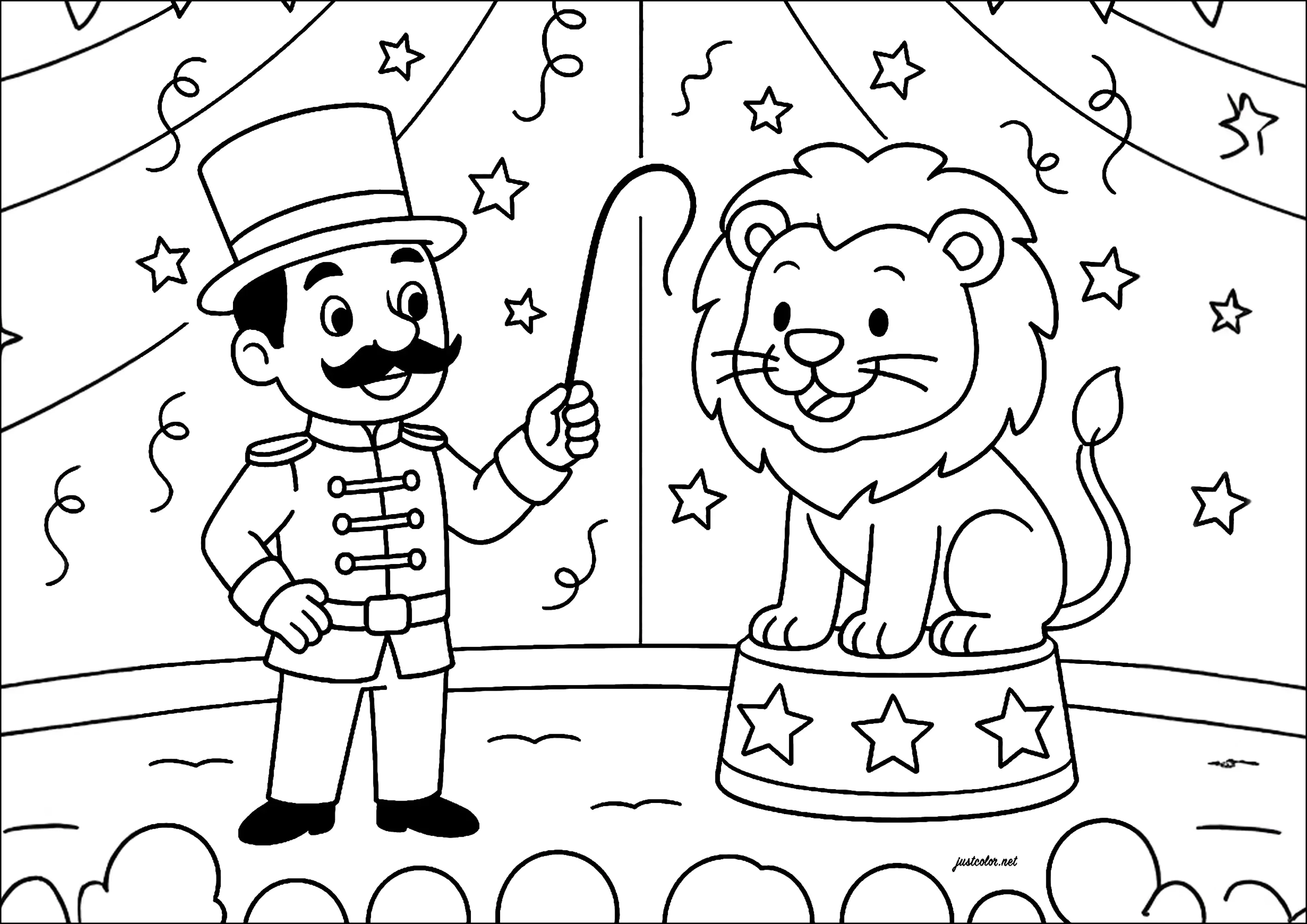 Der Löwentrainer (Ausmalbild von Zirkus zum Ausdrucken und Ausmalen für Kinder)
