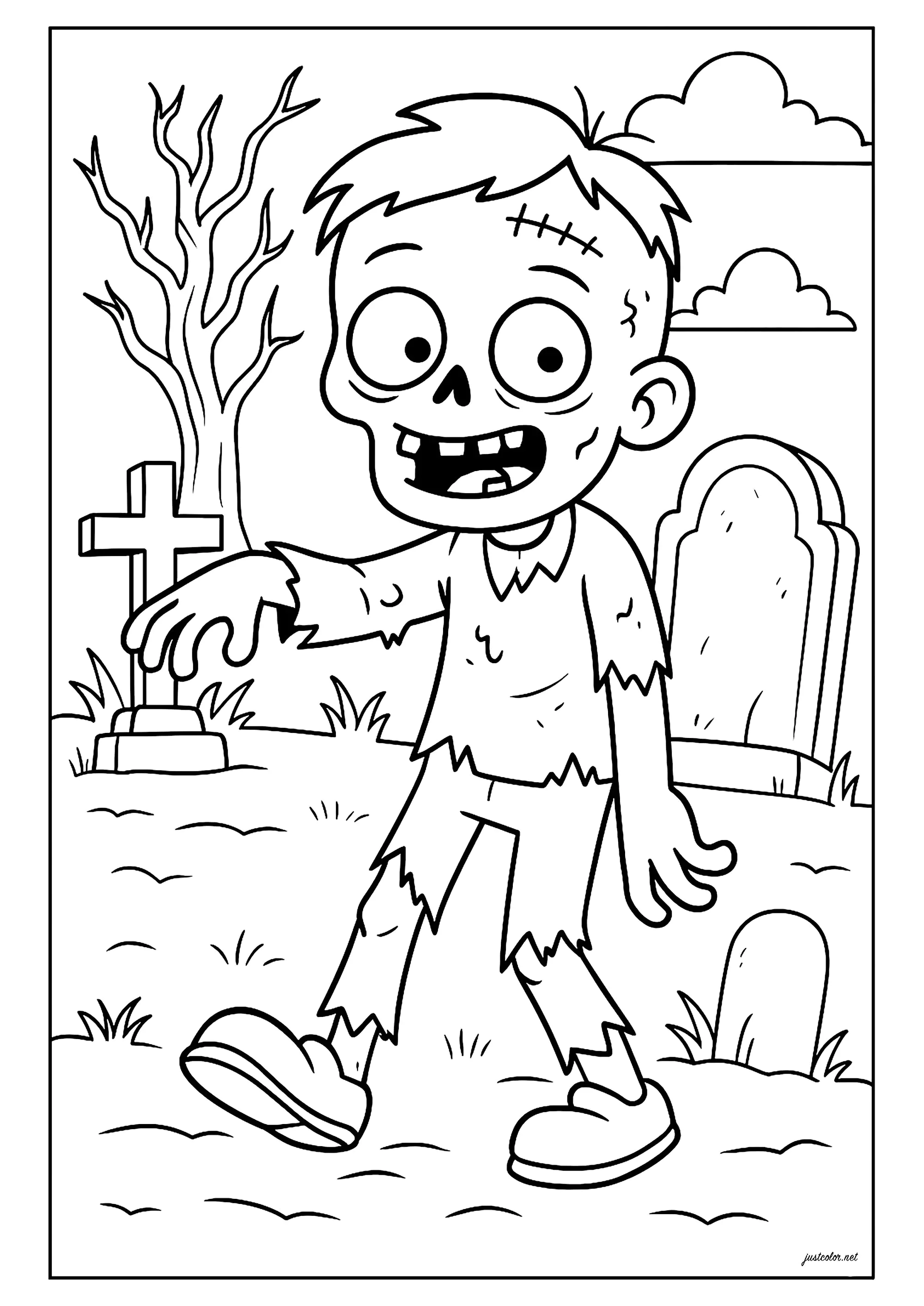 Lustiger Zombie, der sich auf einem Friedhof fortbewegt (Ausmalbild zum Ausdrucken und Ausmalen für Kinder)